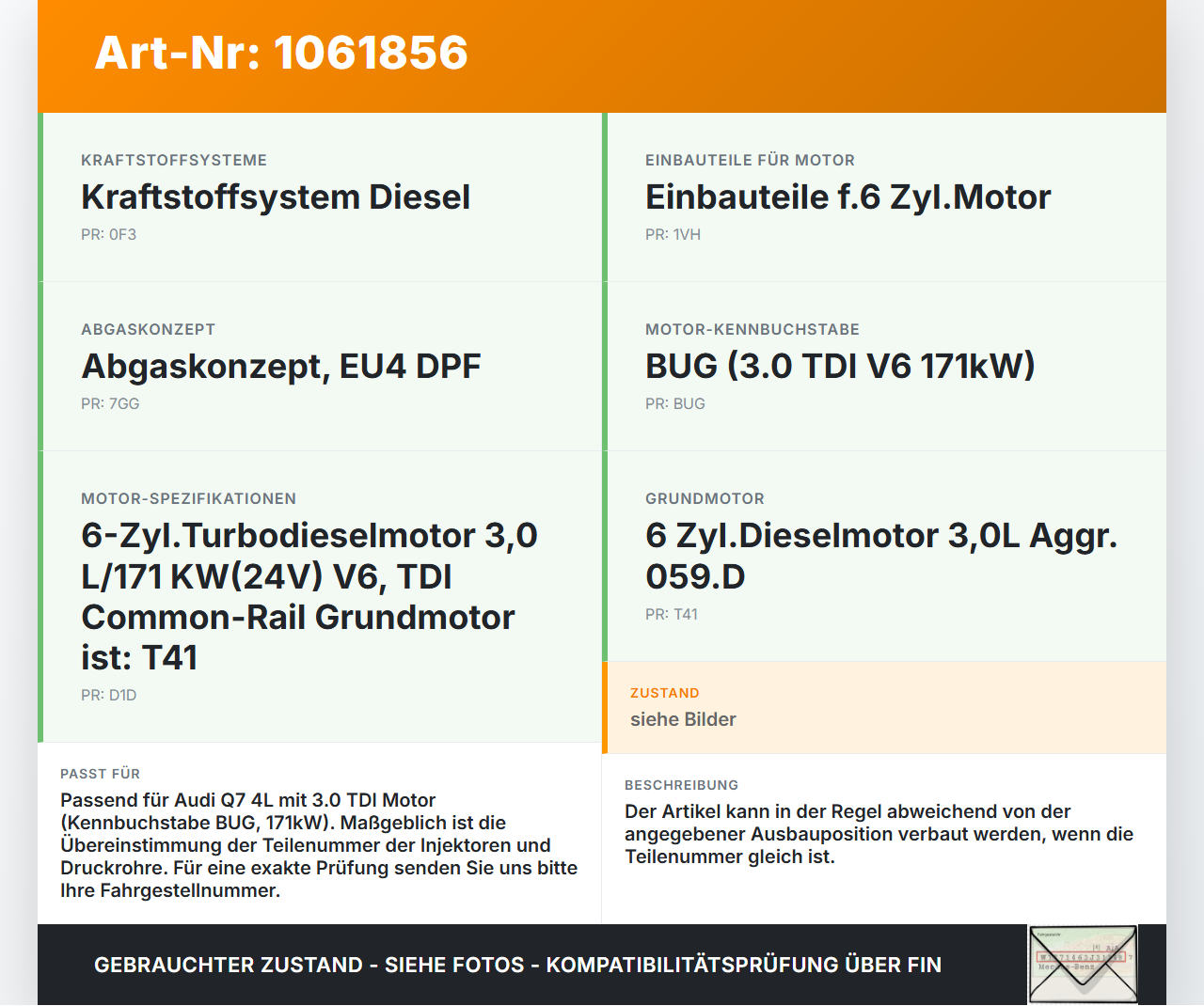 Audi Q7 4L 05-09 TDI 3,0 171KW Injektor Einspritzdüse Audi Q7 4L 05-09 26.06.2007 059130277BD 059130277AH... Vorschau 3