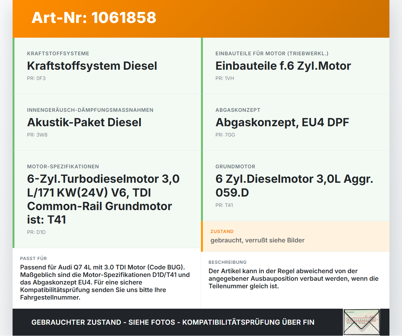 Audi Q7 4L 05-09 TDI 3,0 171KW Injektor Einspritzdüse 1 Audi Q7 4L 05-09 26.06.2007 059130277BD 059130277AH... Vorschau 3