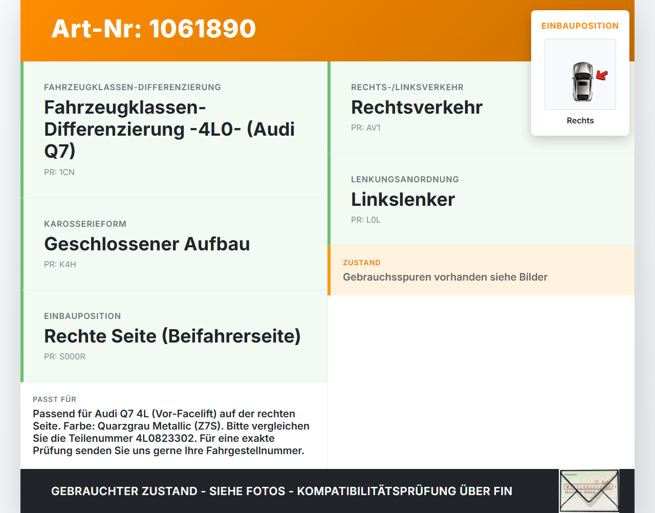 Audi Q7 4L 05-09 Scharnier Motorhaube Motorhaubenscharnier Rechts Audi Q7 4L 05-09 26.06.2007 4L0823302 gebraucht Vorschau 3