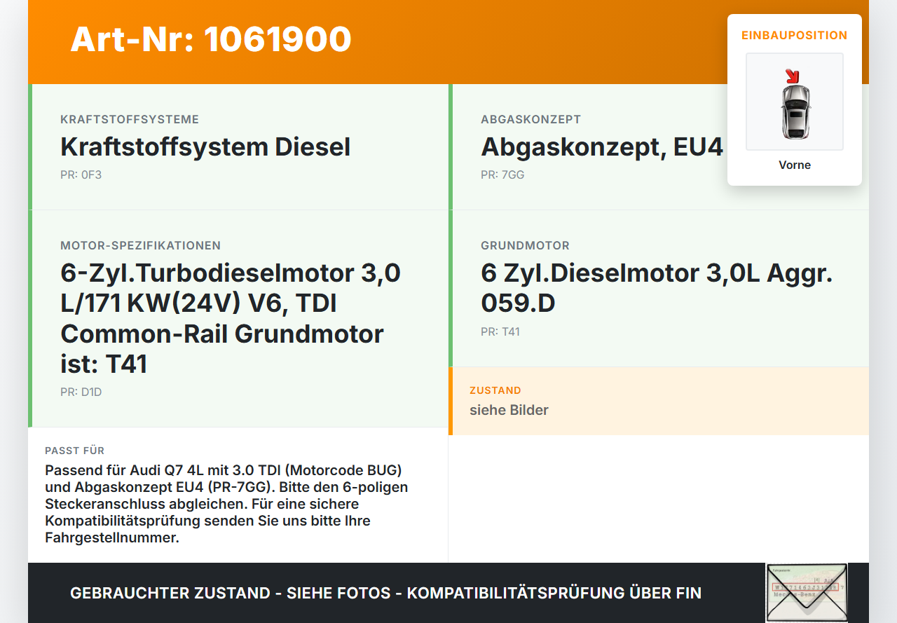 Audi Q7 4L 05-09 TDI 3,0 171KW Lambdasonde Diagnosesonde Vorne Audi Q7 4L 05-09 26.06.2007 1K0998262AD 1928405252... Vorschau 3