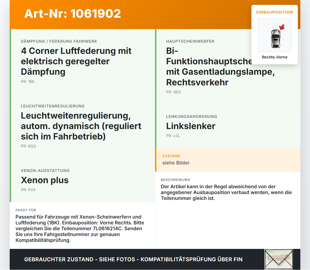 Audi Q7 4L 05-09 Xenon LWR Sensor Neigung Rechts Vorne Audi Q7 4L 05-09 26.06.2007 7L0616214C 151601-00802 gebraucht Vorschau 3