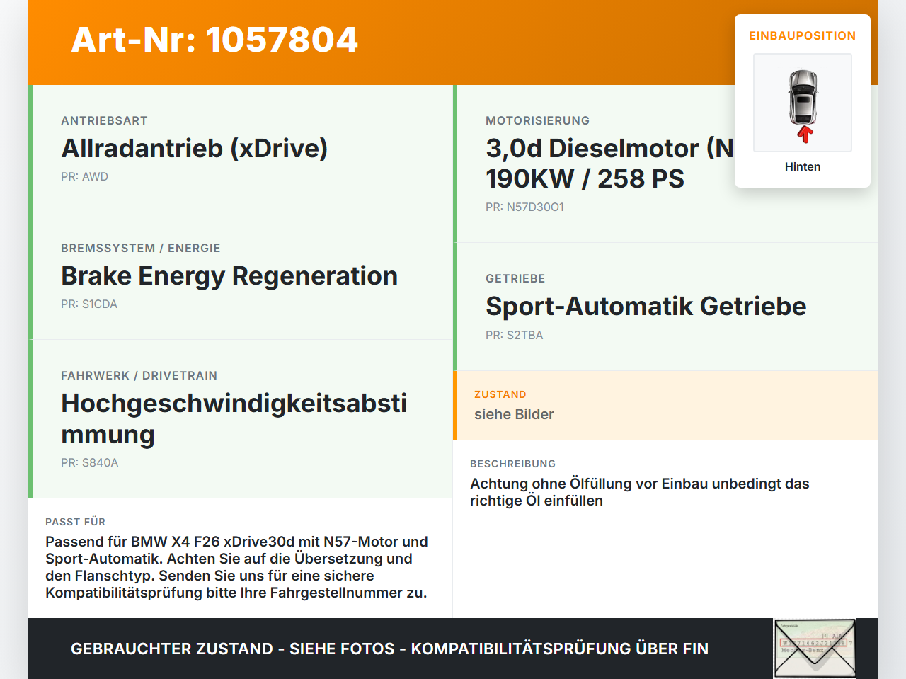 BMW X4 F26 14-18 3,0d 190KW 4WD Differential Hinterachsgetriebe Hinten BMW X4 F26 14-18 08.04.2016 7592014... Vorschau 3