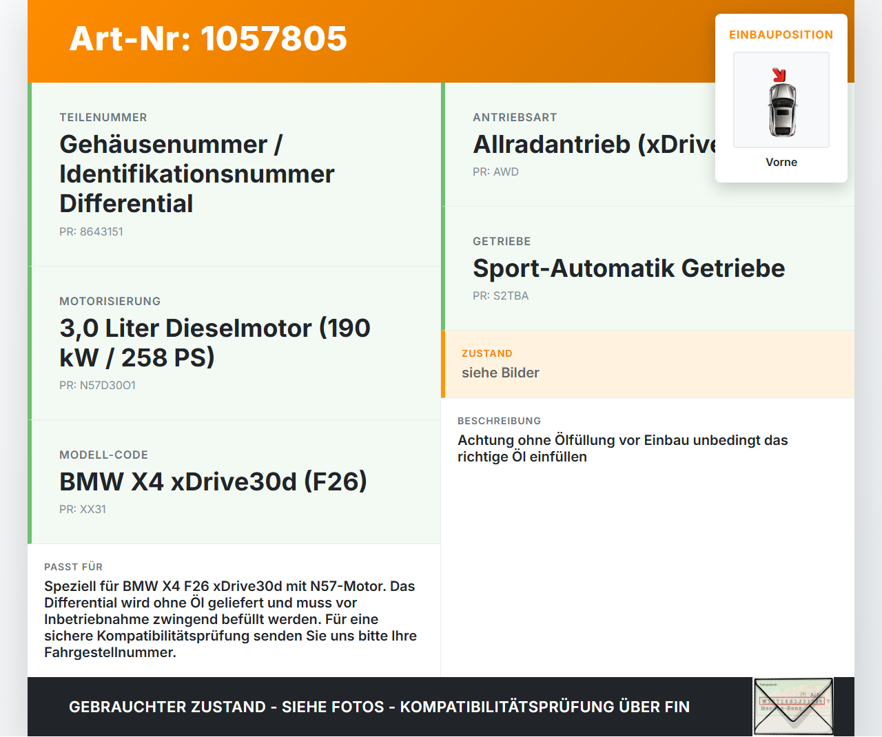 BMW X4 F26 14-18 3,0d 190KW 4WD Differential Vorderachsgetriebe Vorne BMW X4 F26 14-18 08.04.2016 8623111... Vorschau 3