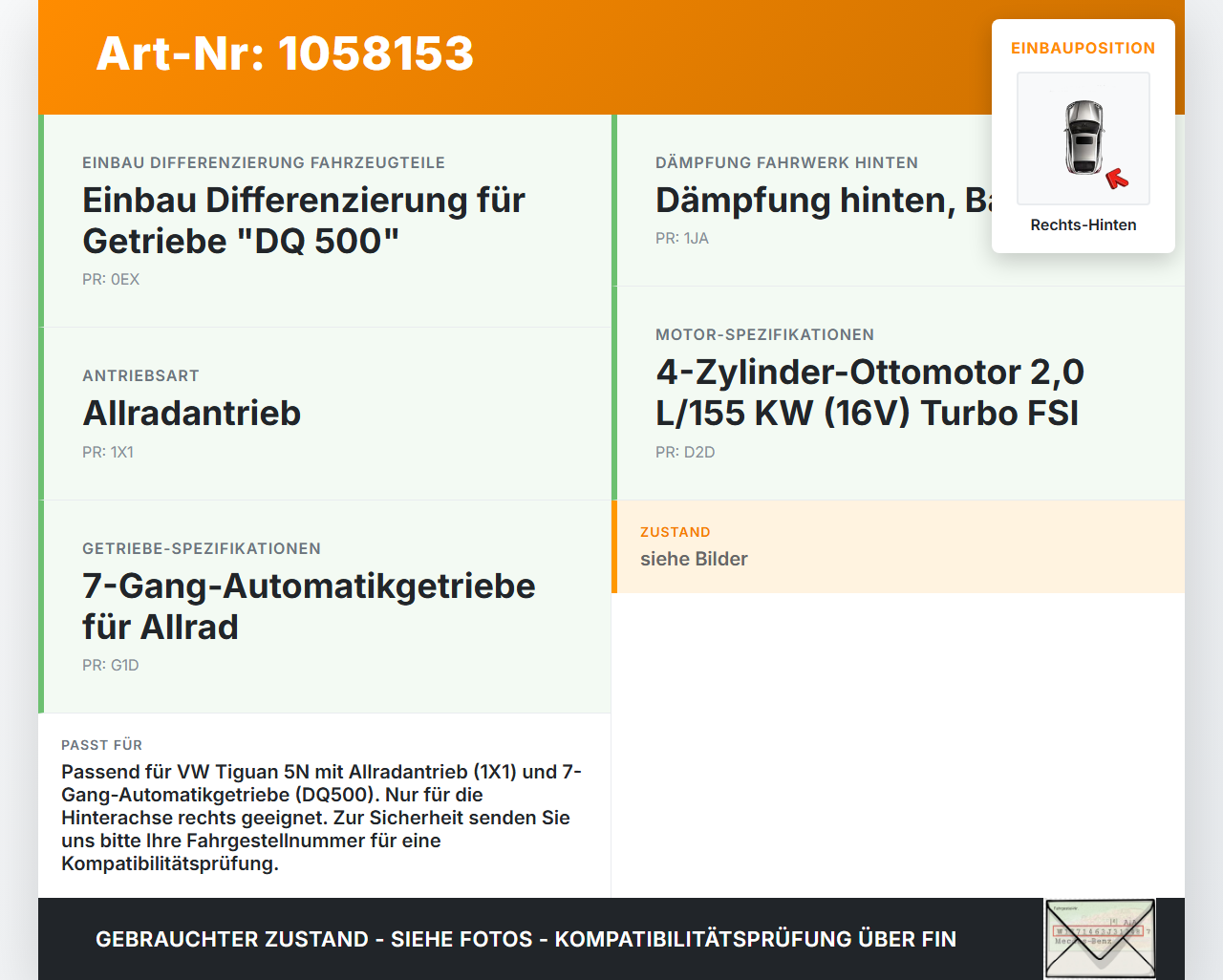VW Tiguan 5N 11-16  2,0 155KW 4WD Antriebswelle Gelenkwelle Rechts Hinten VW Tiguan 5N 11-16 12.12.2012 1K0501204F... Vorschau 3
