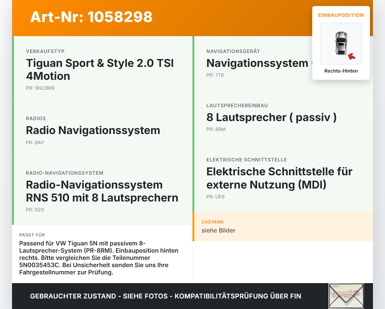 VW Tiguan 5N 11-16 Lautsprecher Rechts Hinten VW Tiguan 5N 11-16 12.12.2012 5N0035453C gebraucht Vorschau 3
