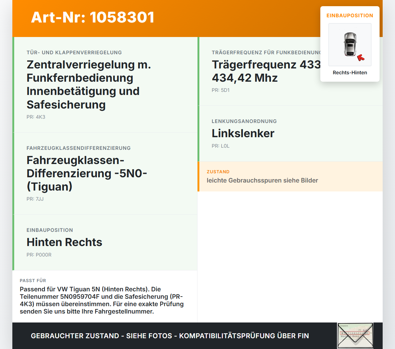 VW Tiguan 5N 11-16 Fensterhebermotor Rechts Hinten VW Tiguan 5N 11-16 12.12.2012 5N0959704F C03387-473 gebraucht Vorschau 3