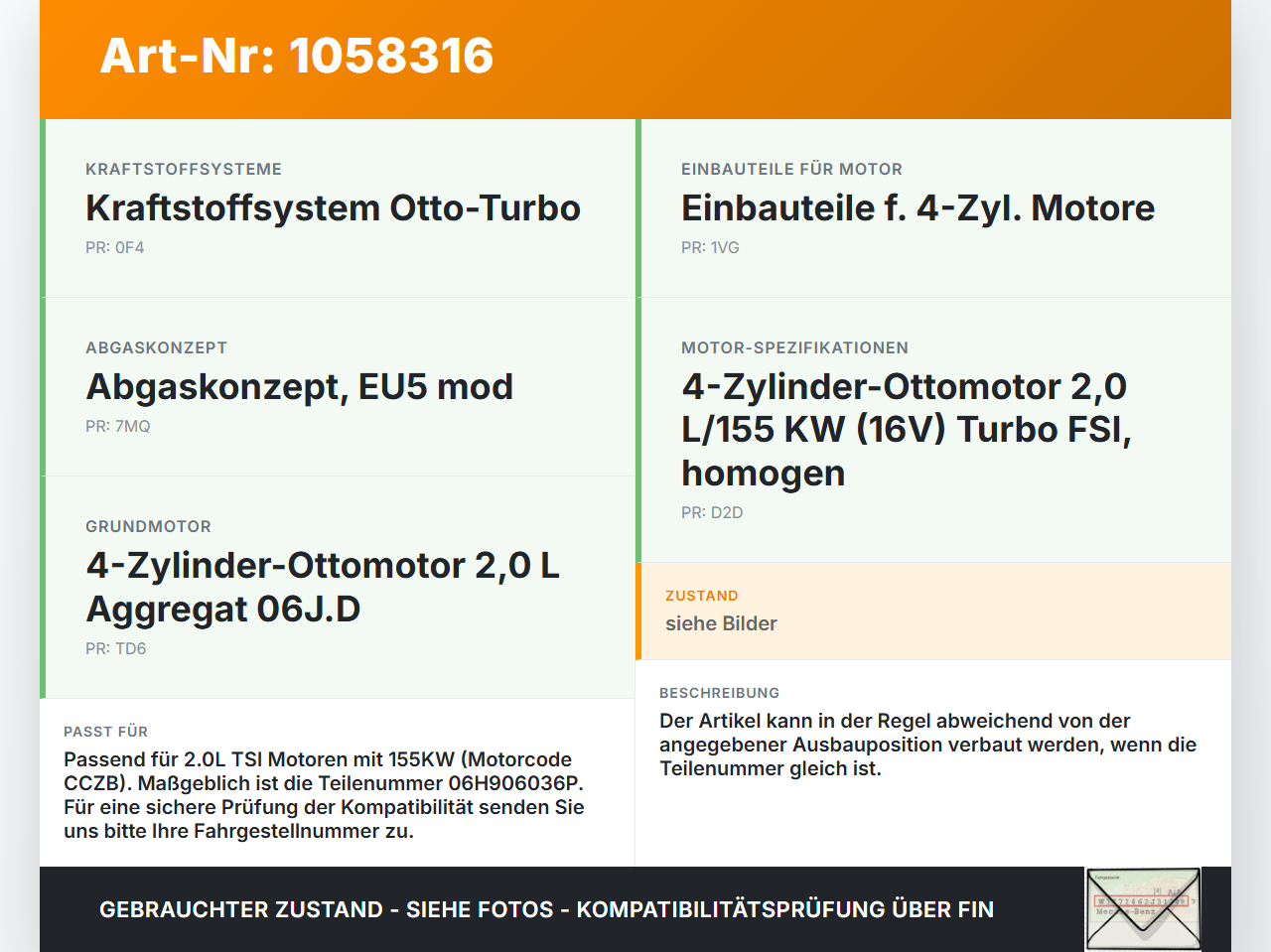 VW Tiguan 5N 11-16 2,0 155KW Injektor Einspritzdüse Zyl.3 VW Tiguan 5N 11-16 12.12.2012 06H906036P 0261500076 gebraucht Vorschau 3
