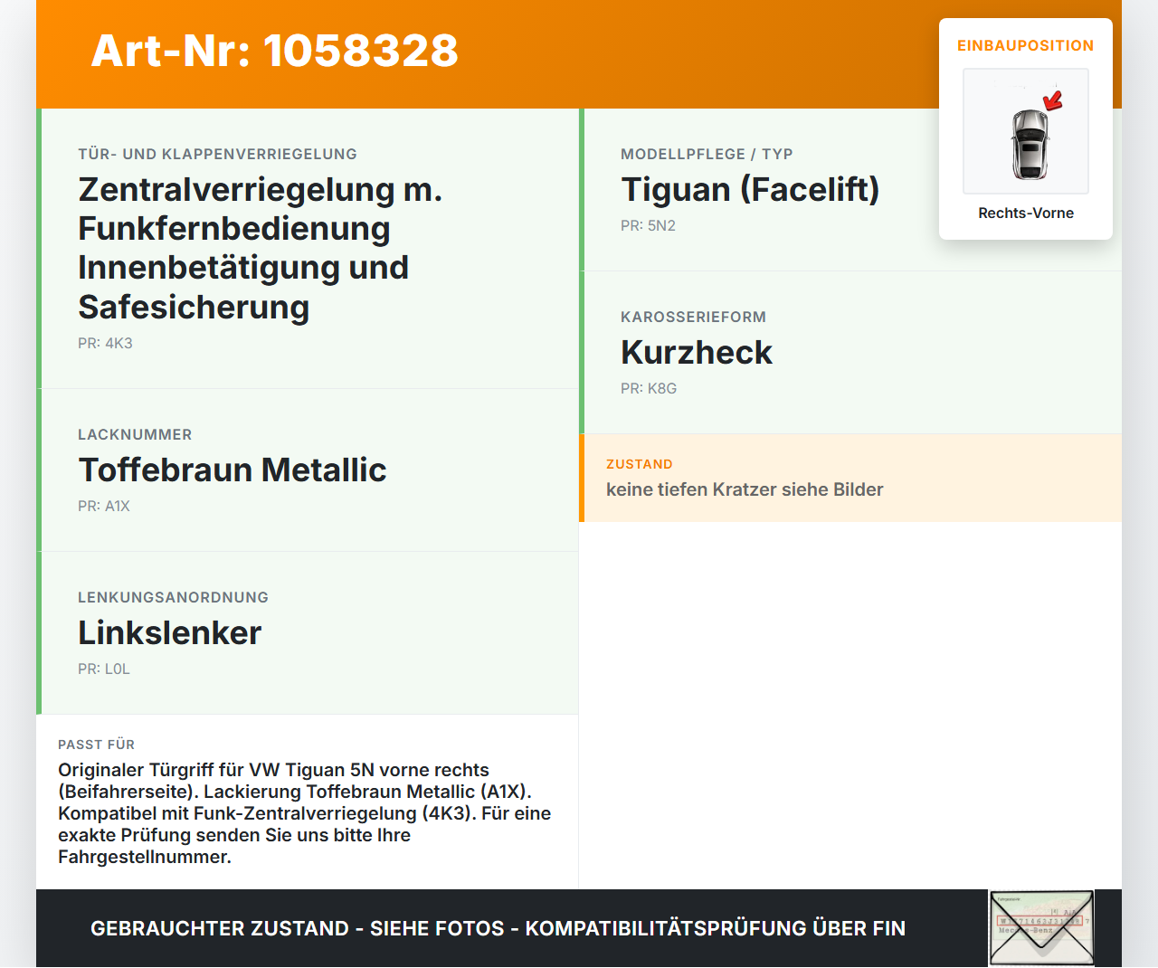 VW Tiguan 5N 11-16 Türgriff Griff aussen Rechts Vorne LA1X VW Tiguan 5N 11-16 12.12.2012 5N0837205M 5N0837017E gebraucht Vorschau 3