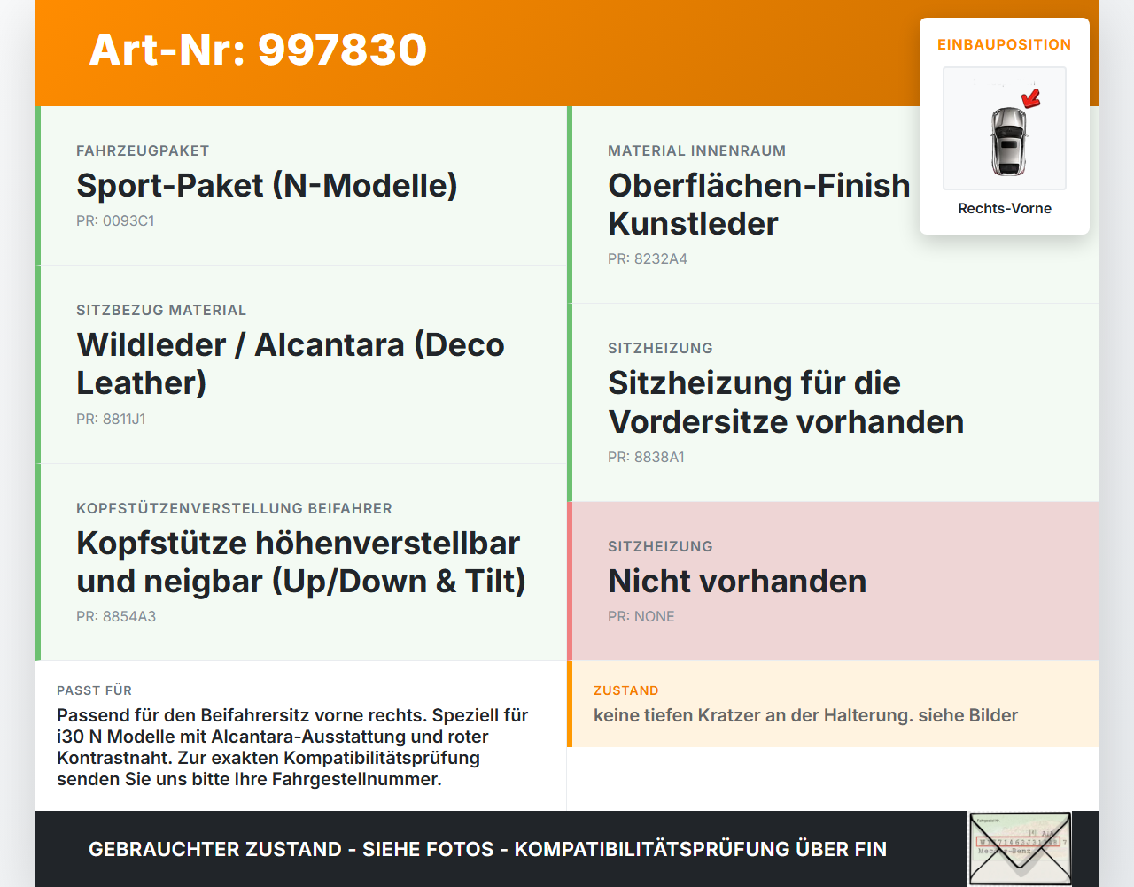 Hyundai I30 N PD 19-24 5T Kopfstütze für Beifahrer Sitz Rechts Vorne rote Naht Hyundai I30 N PD 19-24 10.10.2022... Vorschau 3