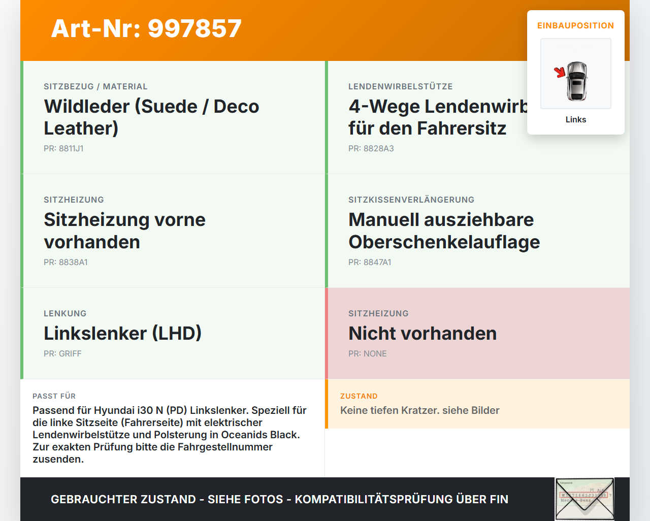 Hyundai I30 N PD 19-24 Schalter Links für Sitzverstellung Hyundai I30 N PD 19-24 10.10.2022 PDN2206130059 gebraucht Vorschau 3