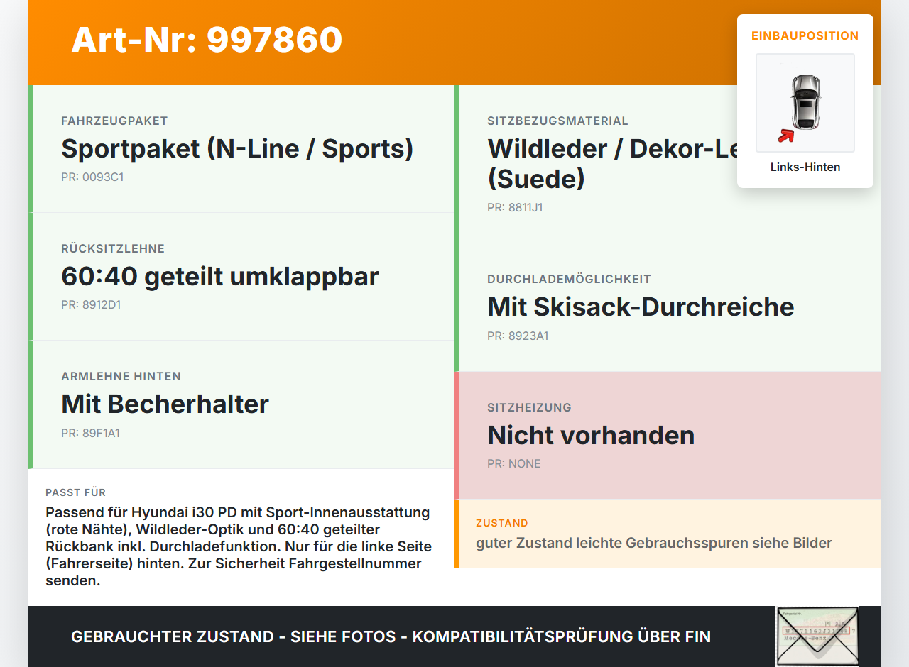 Hyundai I30 N PD 19-24 5T Sitzbezug Rückenpolster Links für Rücksitzbank Hinten rote Naht Hyundai I30 N PD 19-24... Vorschau 3