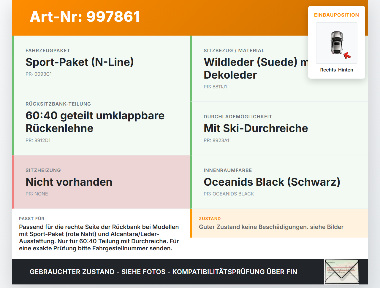 Hyundai I30 N PD 19-24 5T Sitzbezug Rückenpolster Rechts für Rücksitzbank Hinten rote Naht Hyundai I30 N PD 19-24... Vorschau 3