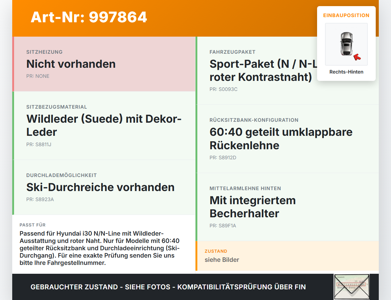 Hyundai I30 N PD 19-24 5T Sitzbezug Rückenpolster Rechts für Rücksitzbank Hinten rote Naht Hyundai I30 N PD 19-24... Vorschau 3