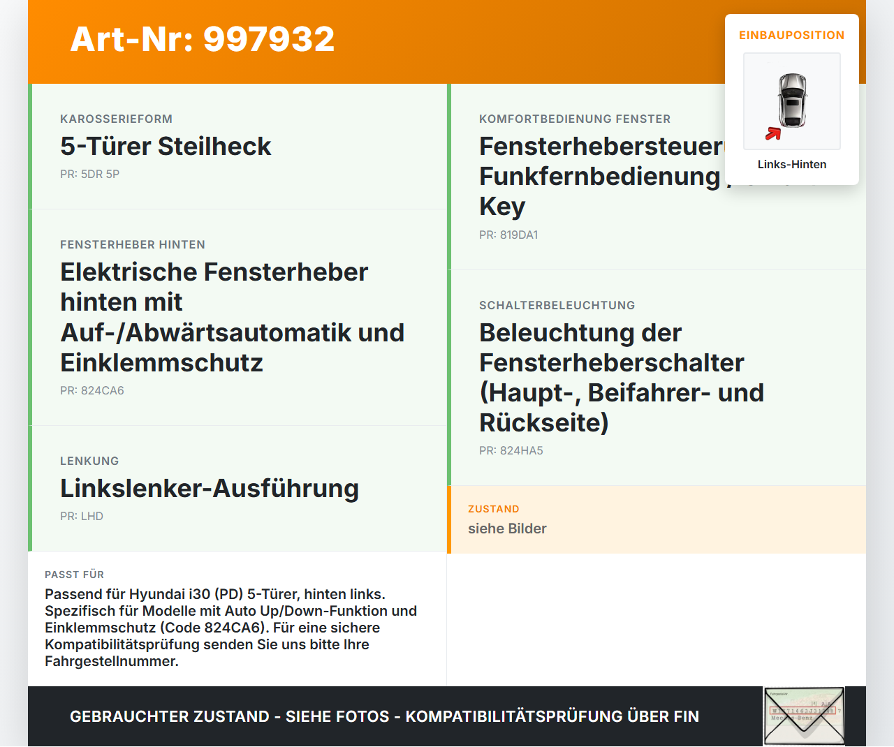 Hyundai I30 N PD 19-24 5T Fensterhebermotor Antrieb Fensterheber Links Hinten Hyundai I30 N PD 19-24 10.10.2022... Vorschau 3