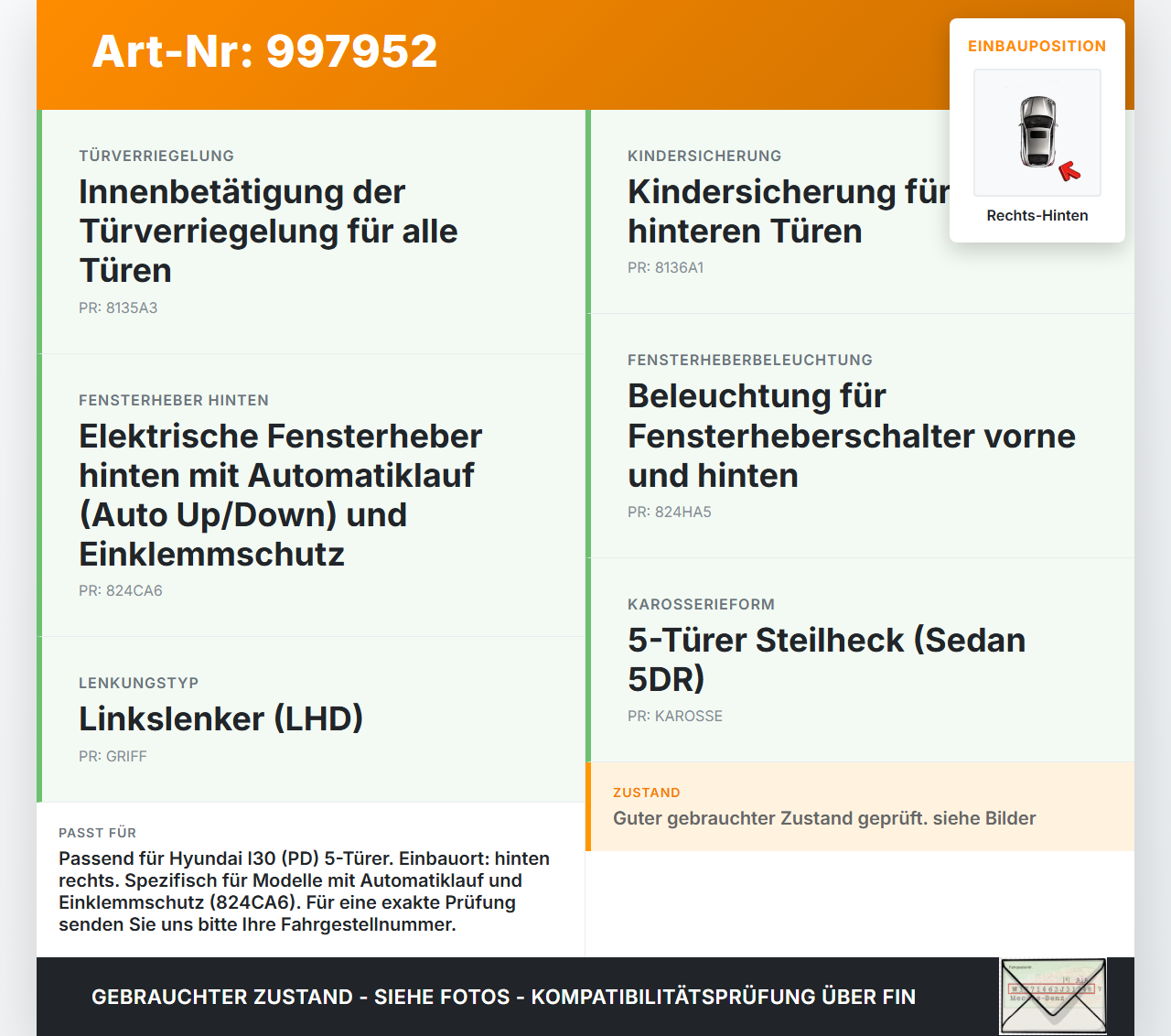 Hyundai I30 N PD 19-24 5T Fensterhebermotor Antrieb Fensterheber Rechts Hinten Hyundai I30 N PD 19-24 10.10.2022... Vorschau 3
