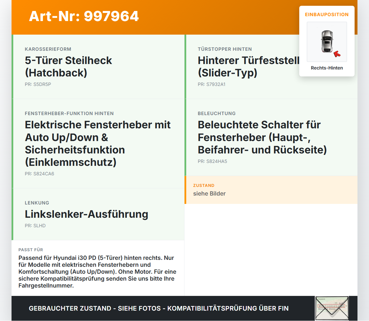 Hyundai I30 N PD 19-24 5T Fensterheber o. FH-Motor Hinten Rechts Hyundai I30 N PD 19-24 10.10.2022 83480-G4230 gebraucht Vorschau 3