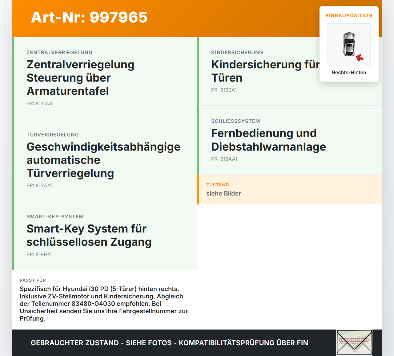 Hyundai I30 N PD 19-24 5T Türschloss m. ZV Stellmotor Pd Rechts Hinten Hyundai I30 N PD 19-24 10.10.2022... Vorschau 3