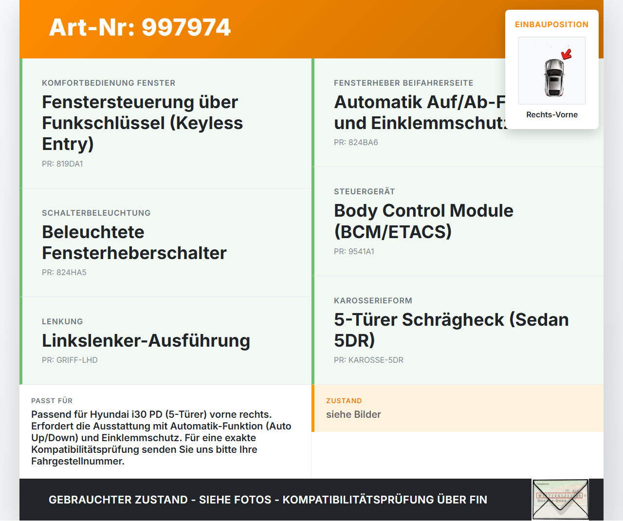 Hyundai I30 N PD 19-24 5T Fensterhebermotor Antrieb Rechts Vorne Hyundai I30 N PD 19-24 10.10.2022 82460-G4010 gebraucht Vorschau 3