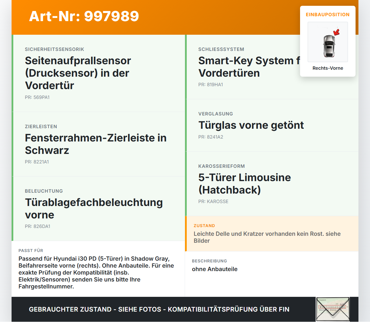 Hyundai I30 N PD 19-24 5T Tür Beifahrertür Rechts Vorne TKG Hyundai I30 N PD 19-24 10.10.2022 76003G4000 gebraucht Vorschau 3