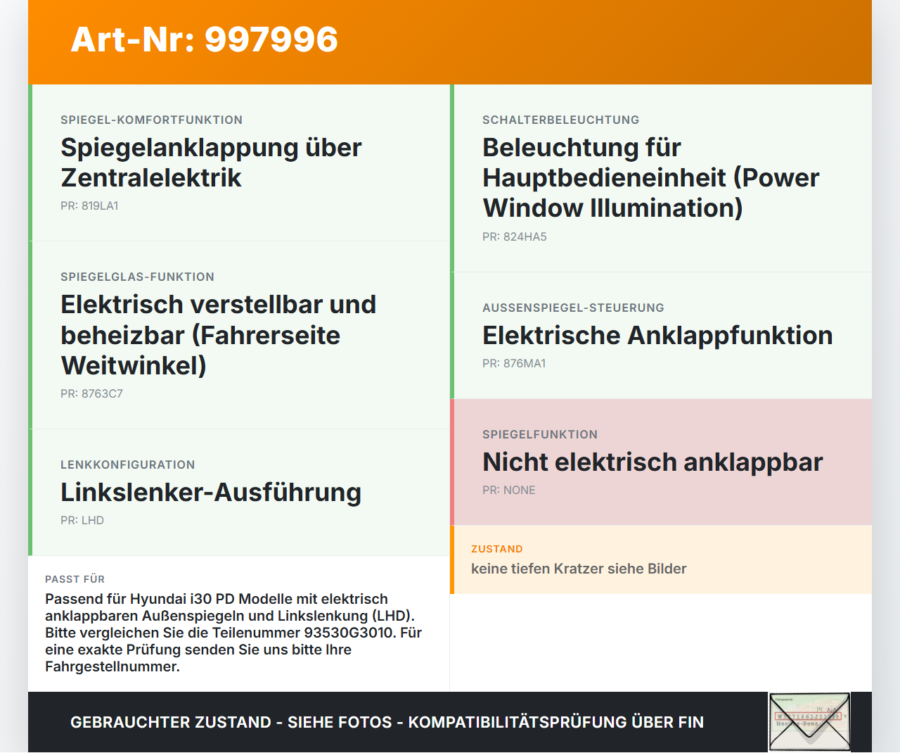 Hyundai I30 N PD 19-24 Spiegelverstellung Aussenspiegel Schalter Hyundai I30 N PD 19-24 10.10.2022 93530G3010 gebraucht Vorschau 3