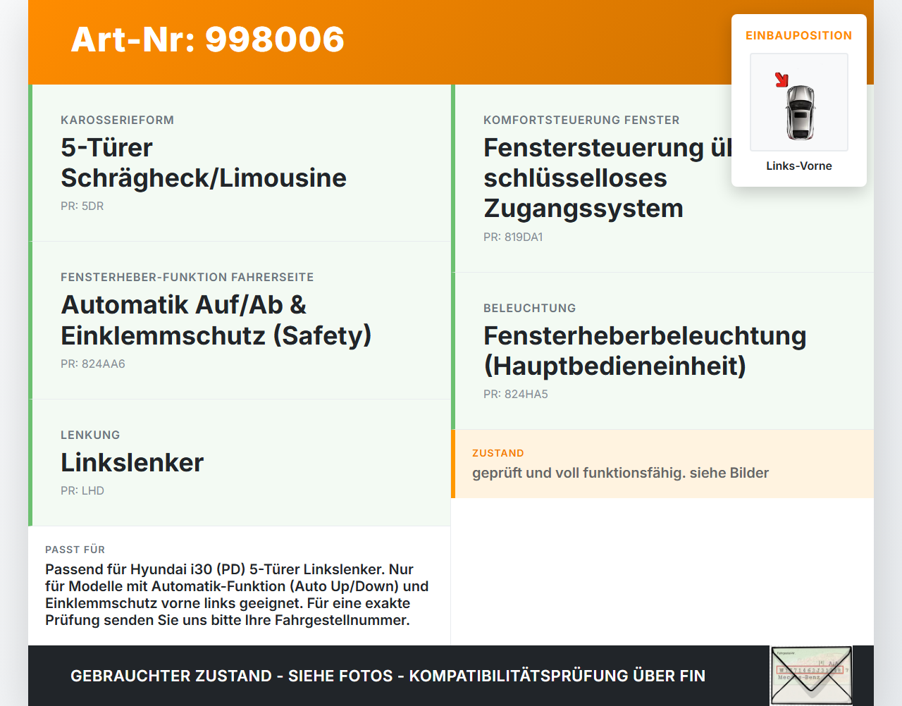 Hyundai I30 N PD 19-24 5T Fensterhebermotor Links Vorne Hyundai I30 N PD 19-24 10.10.2022 430106G0 gebraucht Vorschau 3