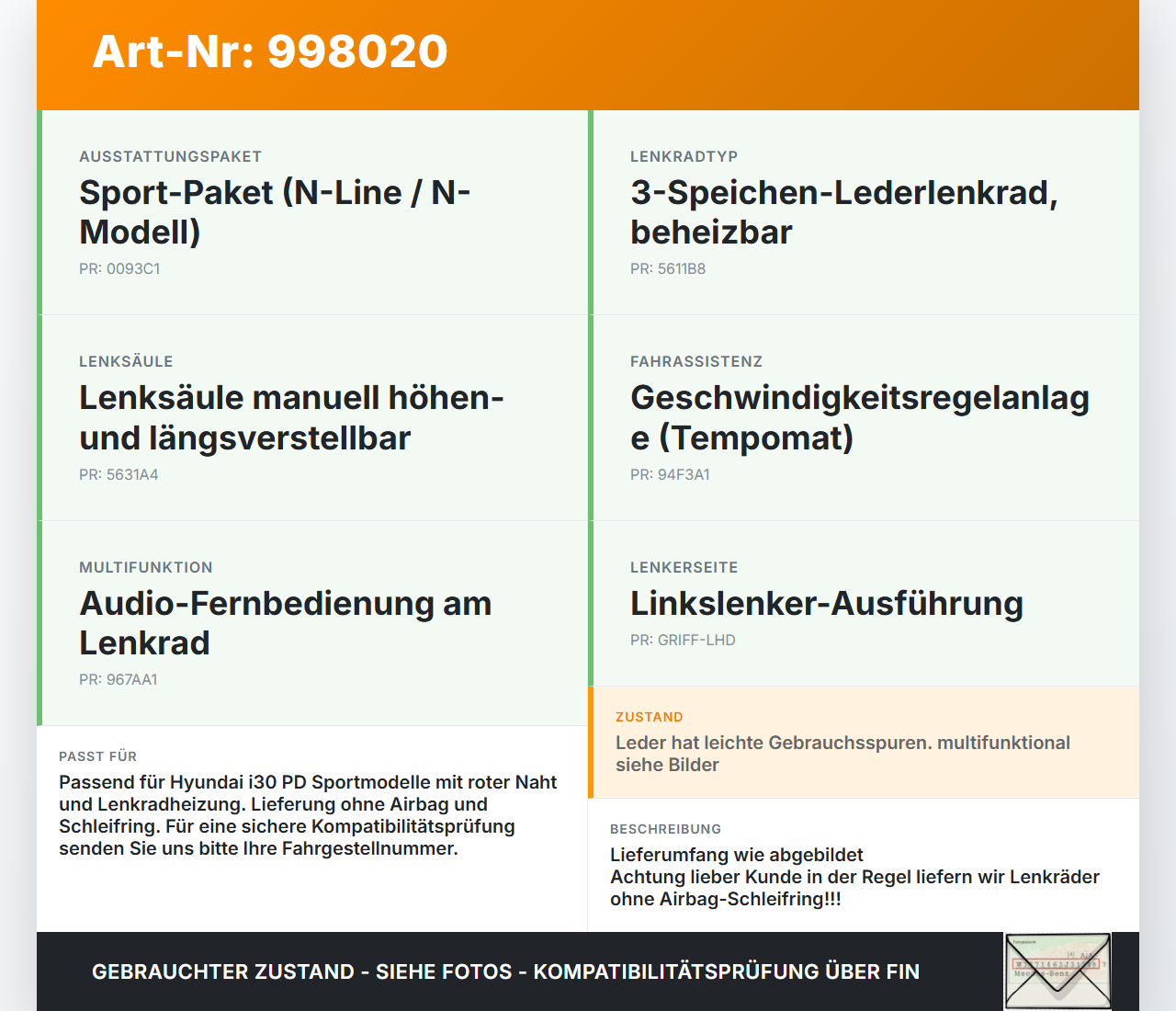 Hyundai I30 N PD 19-24 Lenkrad Airbaglenkrad rote Naht Leder genoppt Sport beheizt Hyundai I30 N PD 19-24... Vorschau 3
