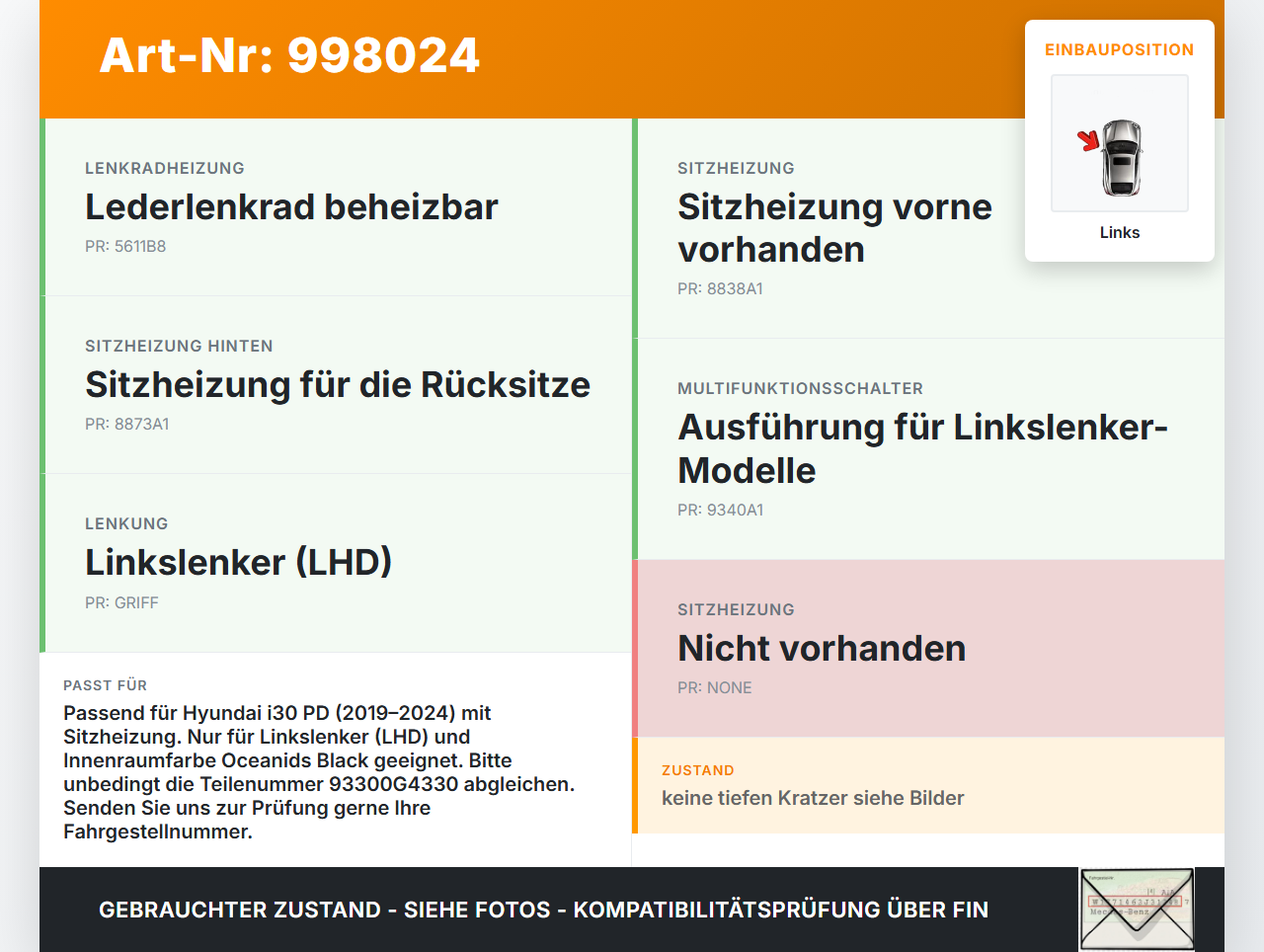 Hyundai I30 N PD 19-24 Schalter Regler für Sitzheizung Links Hyundai I30 N PD 19-24 10.10.2022 93300G4330... Vorschau 3