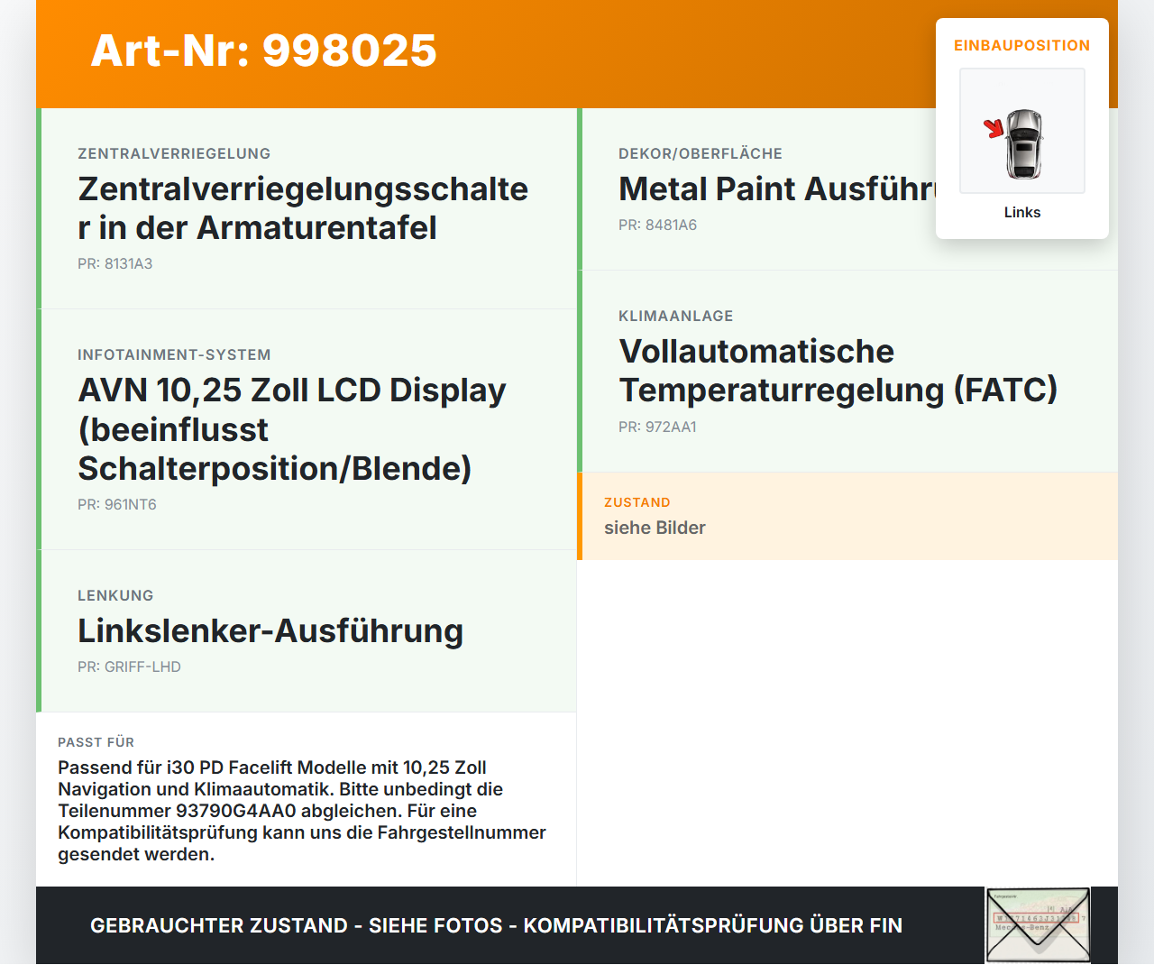 Hyundai I30 N PD 19-24 Warnblinkschalter Schalter Hyundai I30 N PD 19-24 10.10.2022 93790G4AA0 gebraucht Vorschau 3