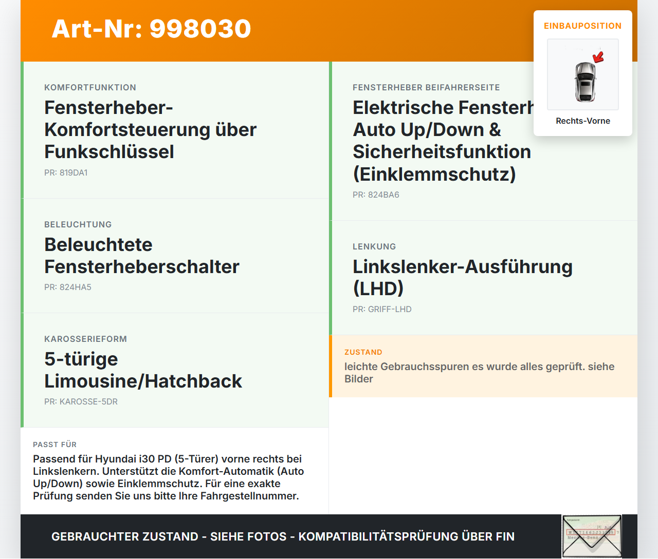 Hyundai I30 N PD 19-24 5T Fensterhebermotor mit Fensterheber Vorne Rechts Hyundai I30 N PD 19-24 10.10.2022... Vorschau 3