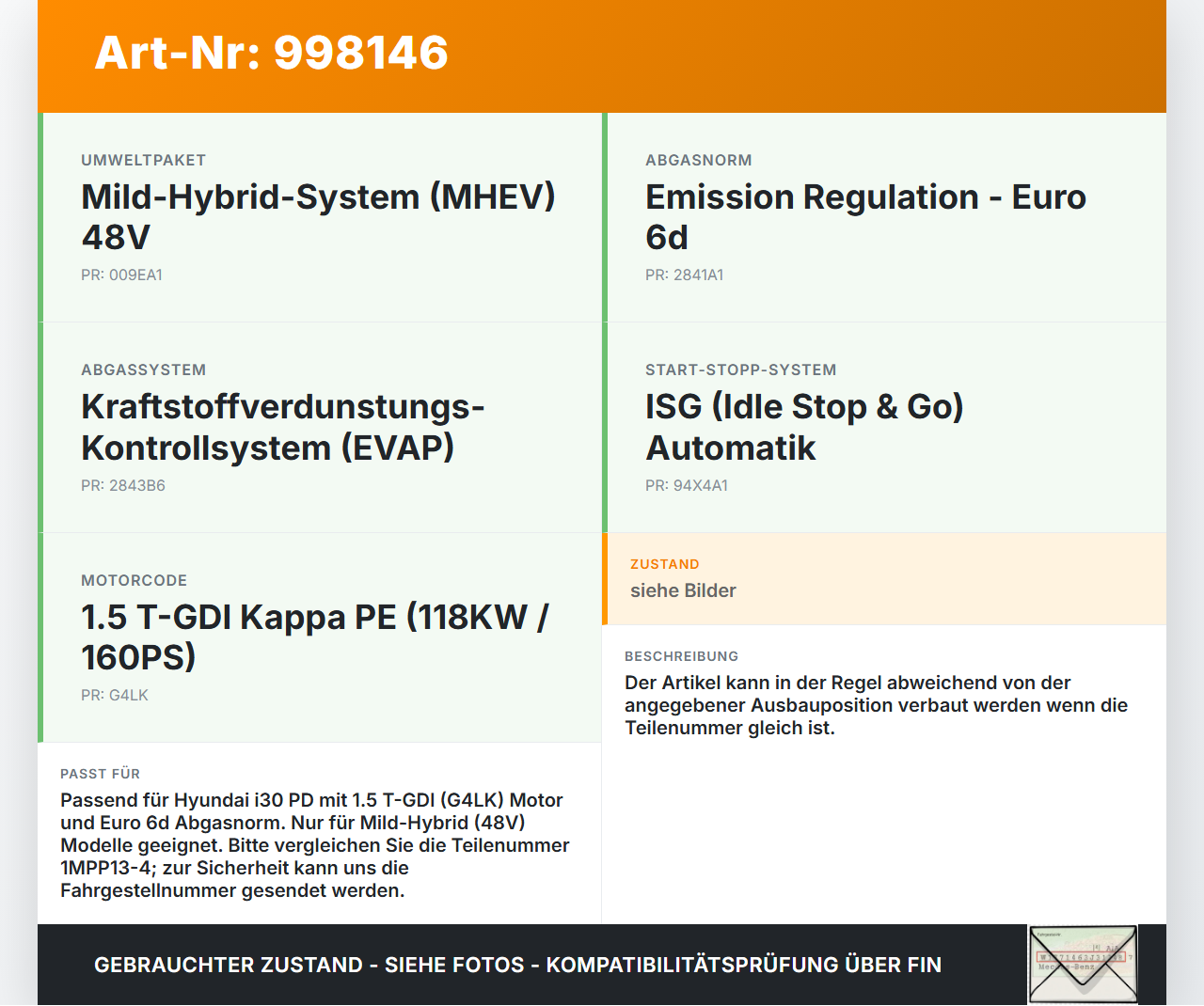 Hyundai I30 N PD 19-24 T-GDI 1,5 118KW G4LK Differenzdrucksensor Hyundai I30 N PD 19-24 10.10.2022 39360-2M415... Vorschau 3