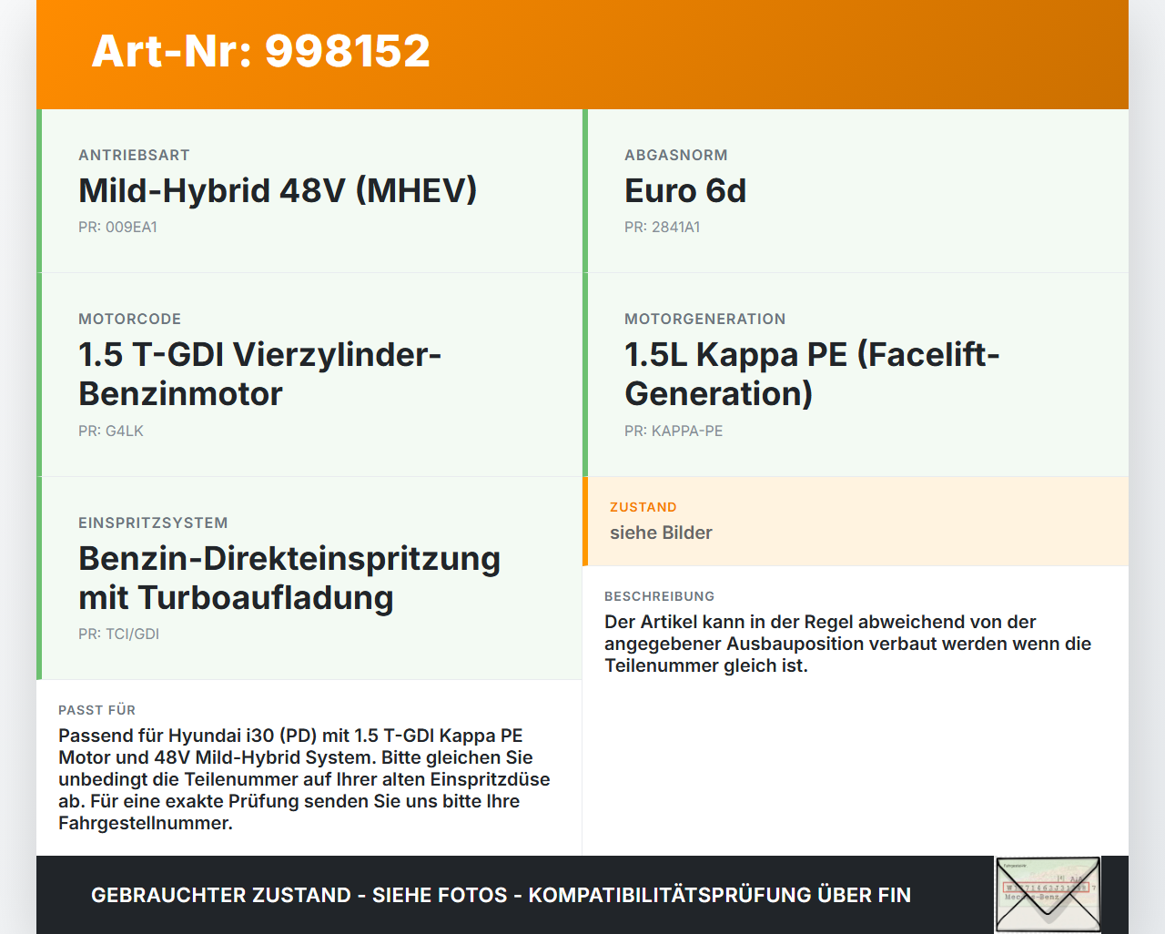 Hyundai I30 N PD 19-24 T-GDI 1,5 118KW Einspritzdüse Einspritzventil Zyl.4 Hyundai I30 N PD 19-24 10.10.2022... Vorschau 3