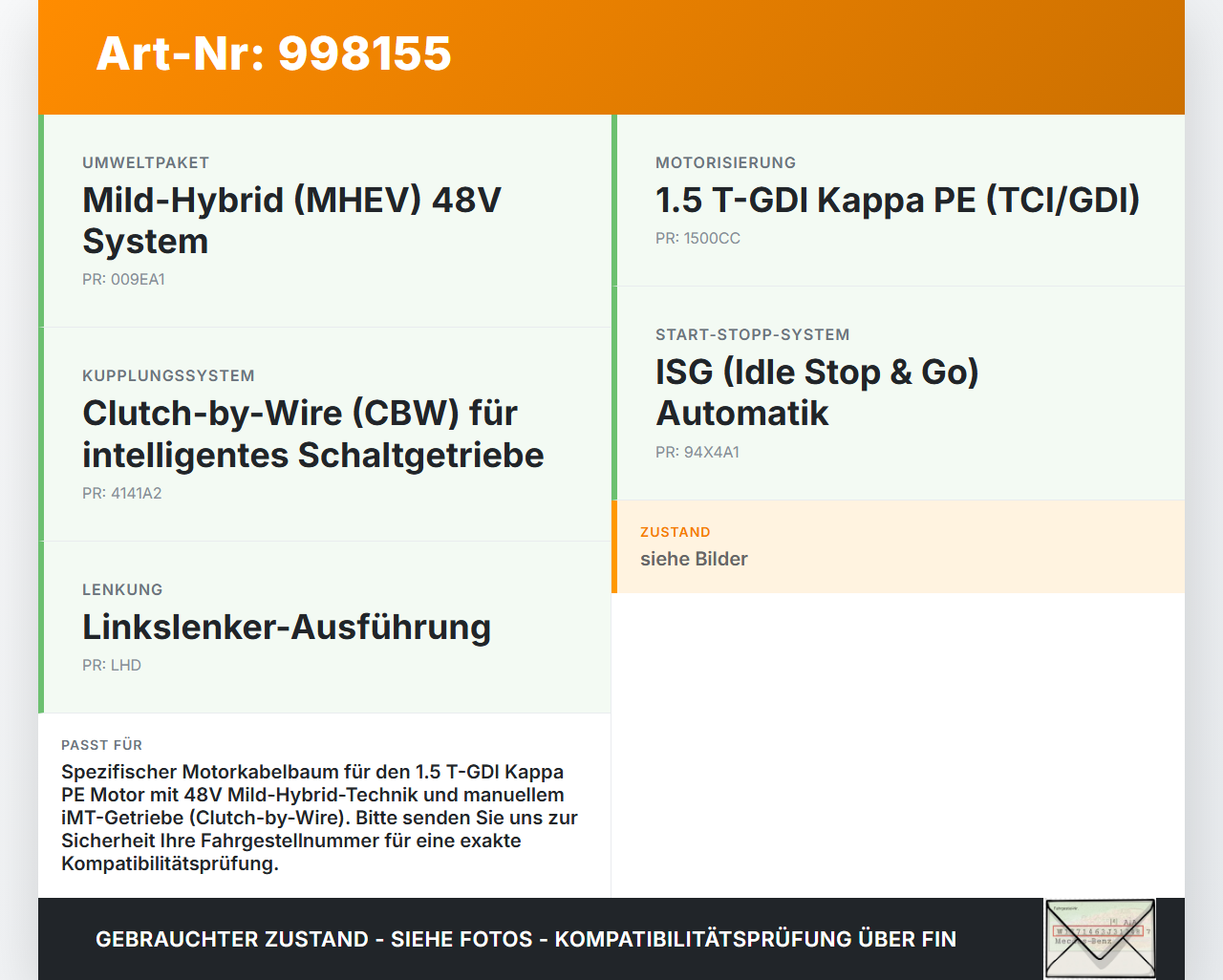 Hyundai I30 N PD 19-24 T-GDI 1,5 118KW Kabelbaum Motorkabelbaum Leitungssatz für Motor Hyundai I30 N PD 19-24... Vorschau 3