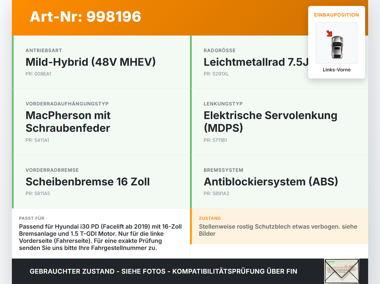Hyundai I30 N PD 19-24 T-GDI 1,5 118KW Achsschenkel Radnabe Links Vorne Hyundai I30 N PD 19-24 10.10.2022 gebraucht Vorschau 3