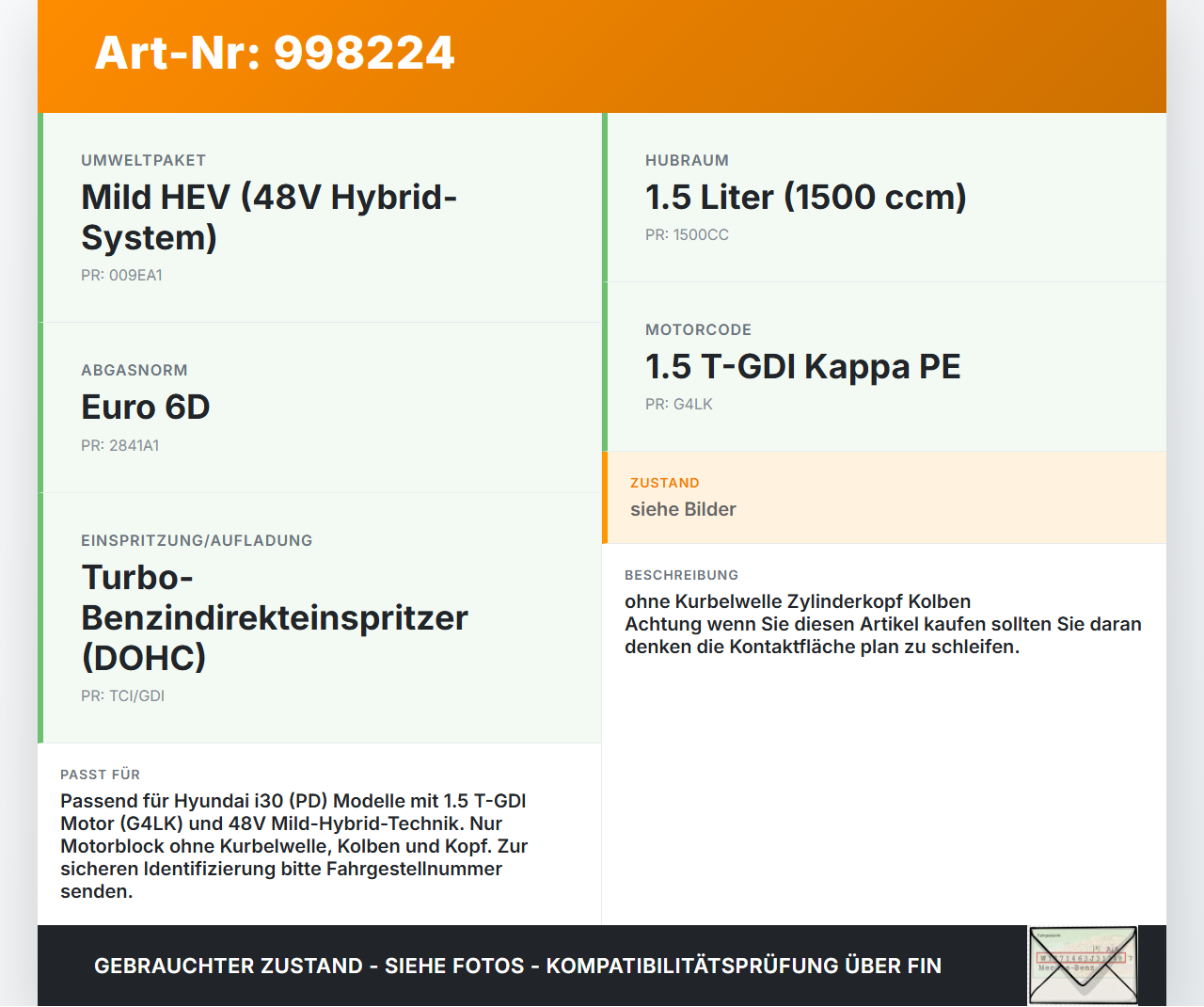 Hyundai I30 N PD 19-24 T-GDI 1,5 118KW G4LK Motorblock für Motor Hyundai I30 N PD 19-24 10.10.2022 Z445208Z00 gebraucht Vorschau 3