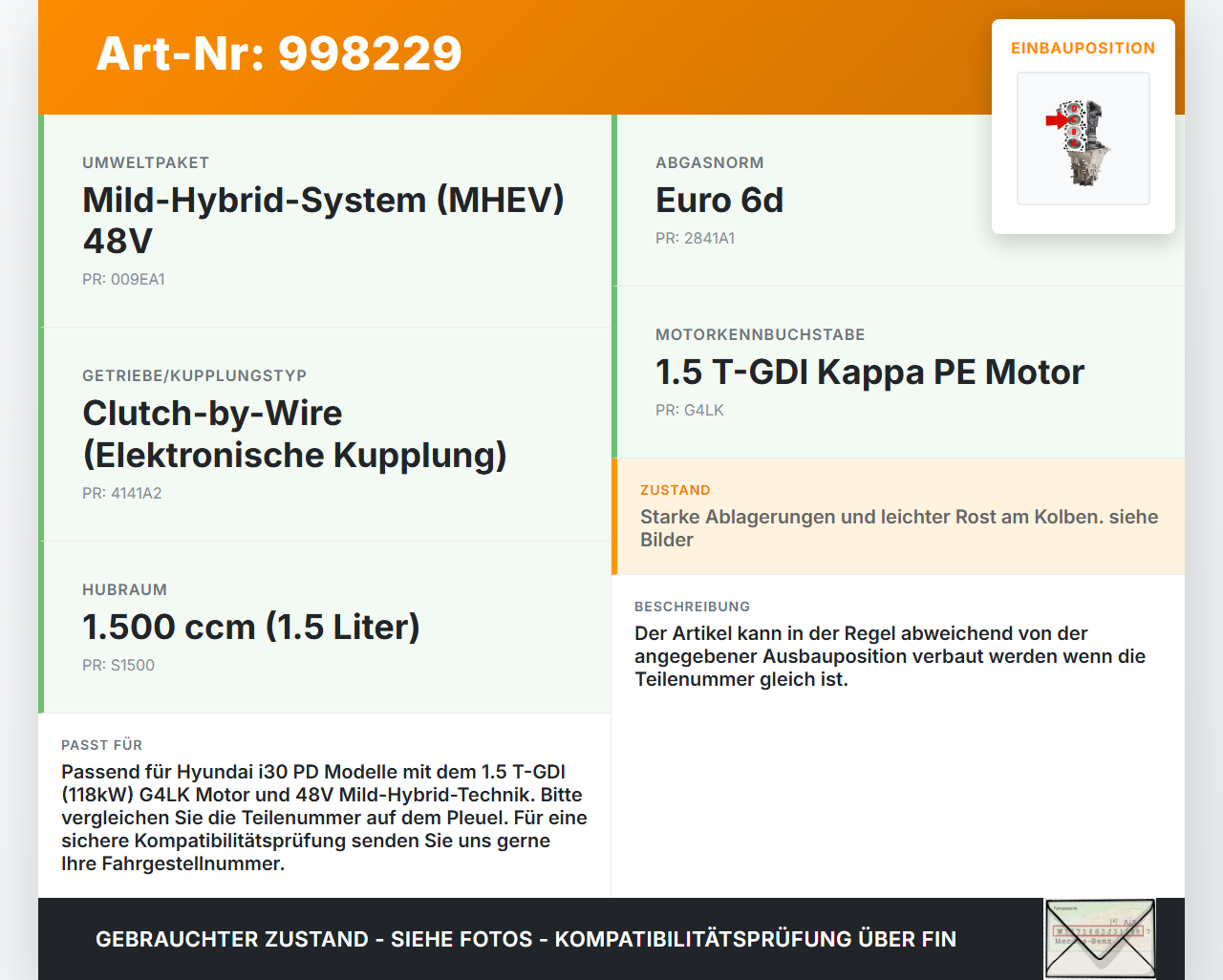 Hyundai I30 N PD 19-24 T-GDI 1,5 118KW G4LK Kolben mit Pleuel Pos C Hyundai I30 N PD 19-24 10.10.2022 gebraucht Vorschau 3