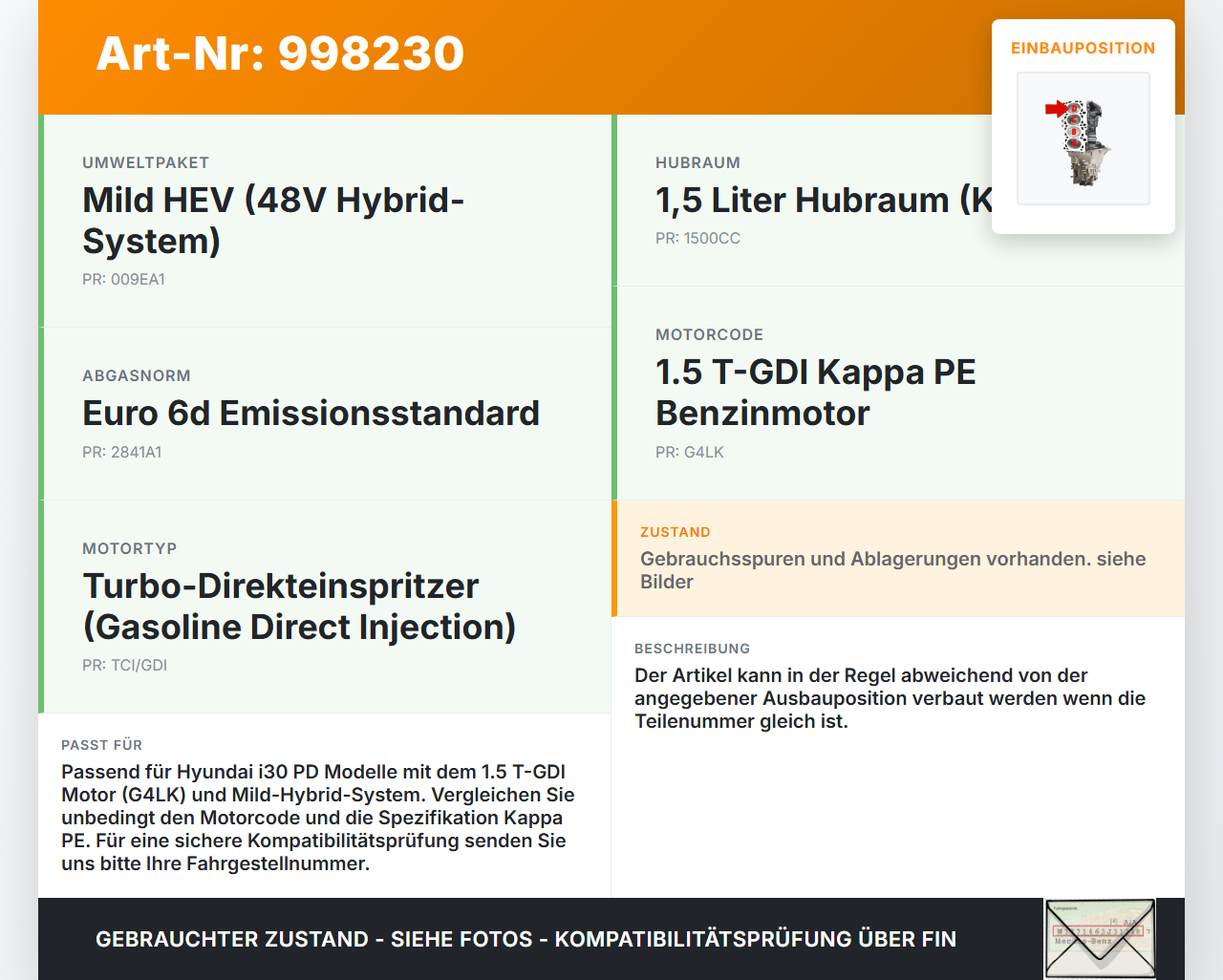 Hyundai I30 N PD 19-24 T-GDI 1,5 118KW G4LK Kolben mit Pleuel Pos D Hyundai I30 N PD 19-24 10.10.2022 gebraucht Vorschau 3
