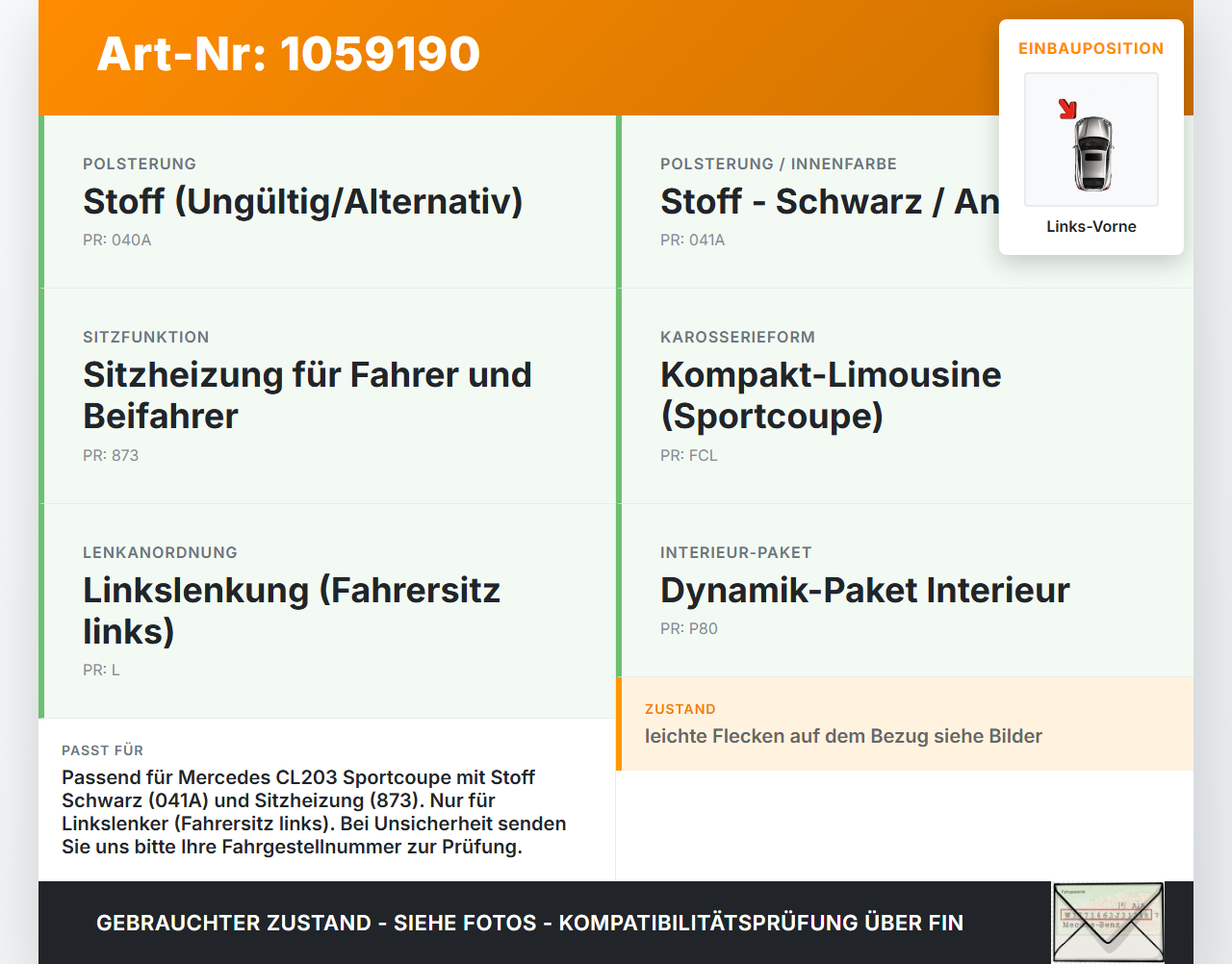 Mercedes CL203 C220 04-08 Coupe Sitzbezug Sitzpolster für Fahrersitz Sitz Links Vorne beheizt Mercedes CL203 C220... Vorschau 3