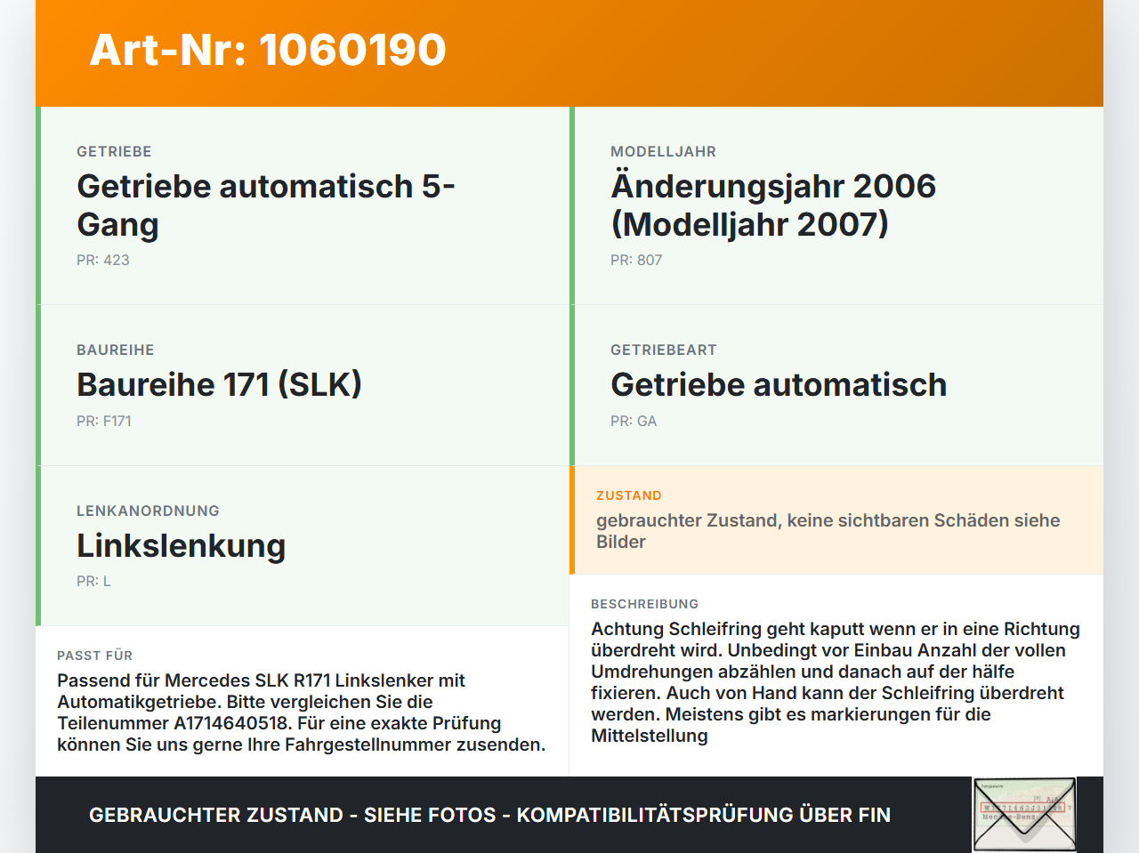 Mercedes SLK R171 04-08 Airbag Schleifring Wickelfeder Mercedes SLK R171 04-08 23.11.2006 A1714640518 04311402 gebraucht Vorschau 3