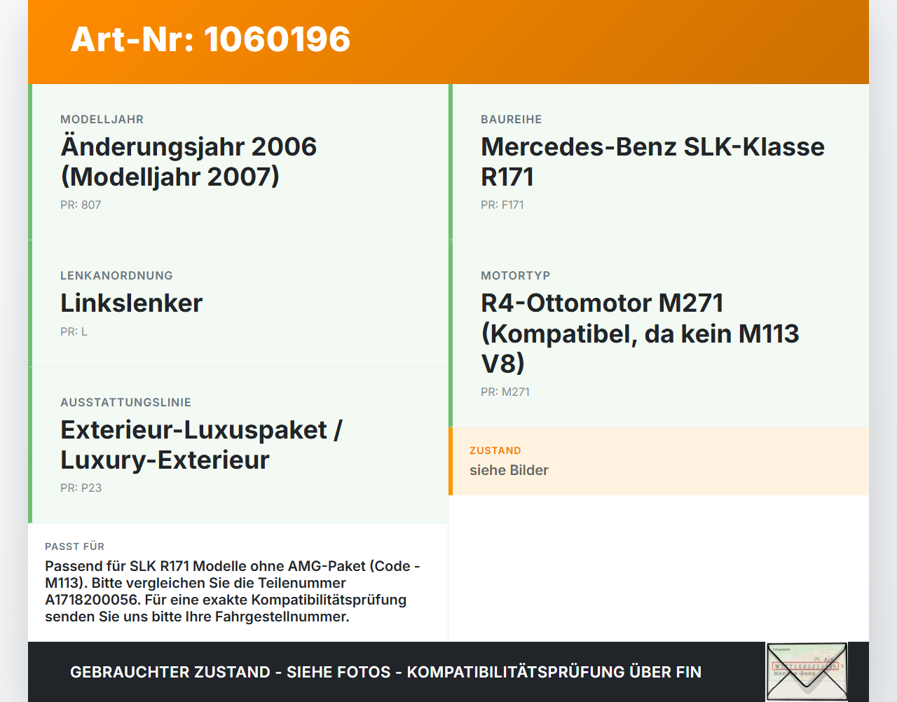 Mercedes SLK R171 04-08 Bremslicht 3. Bremsleuchte Klappe Mercedes SLK R171 04-08 23.11.2006 A1718200056 gebraucht Vorschau 3