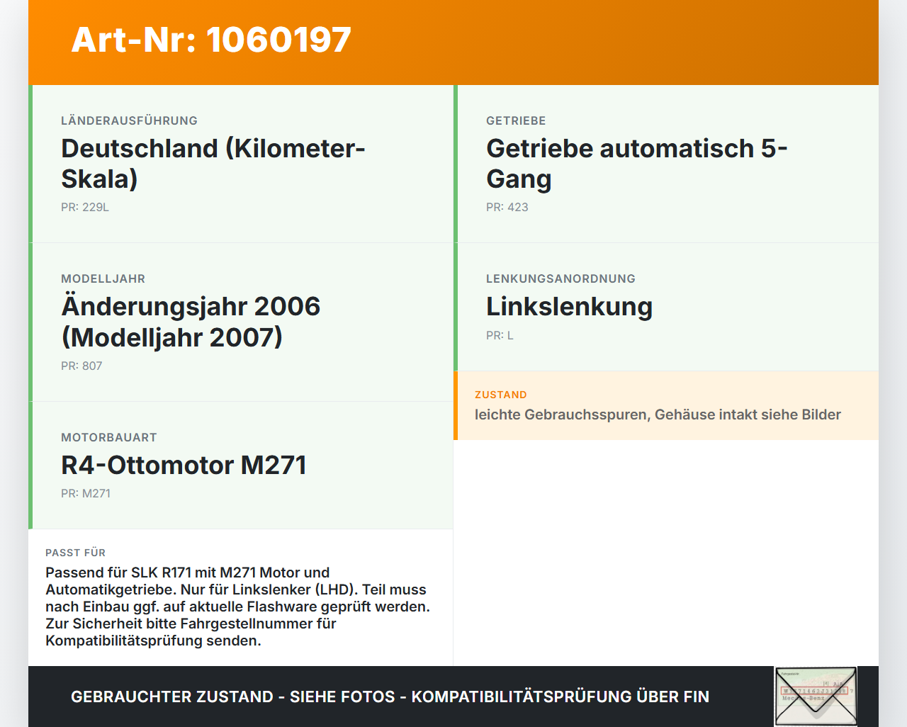Mercedes SLK R171 04-08 1,8 120KW Kombiinstrument Tacho Mercedes SLK R171 04-08 23.11.2006 A1715401647 110.080.113... Vorschau 3