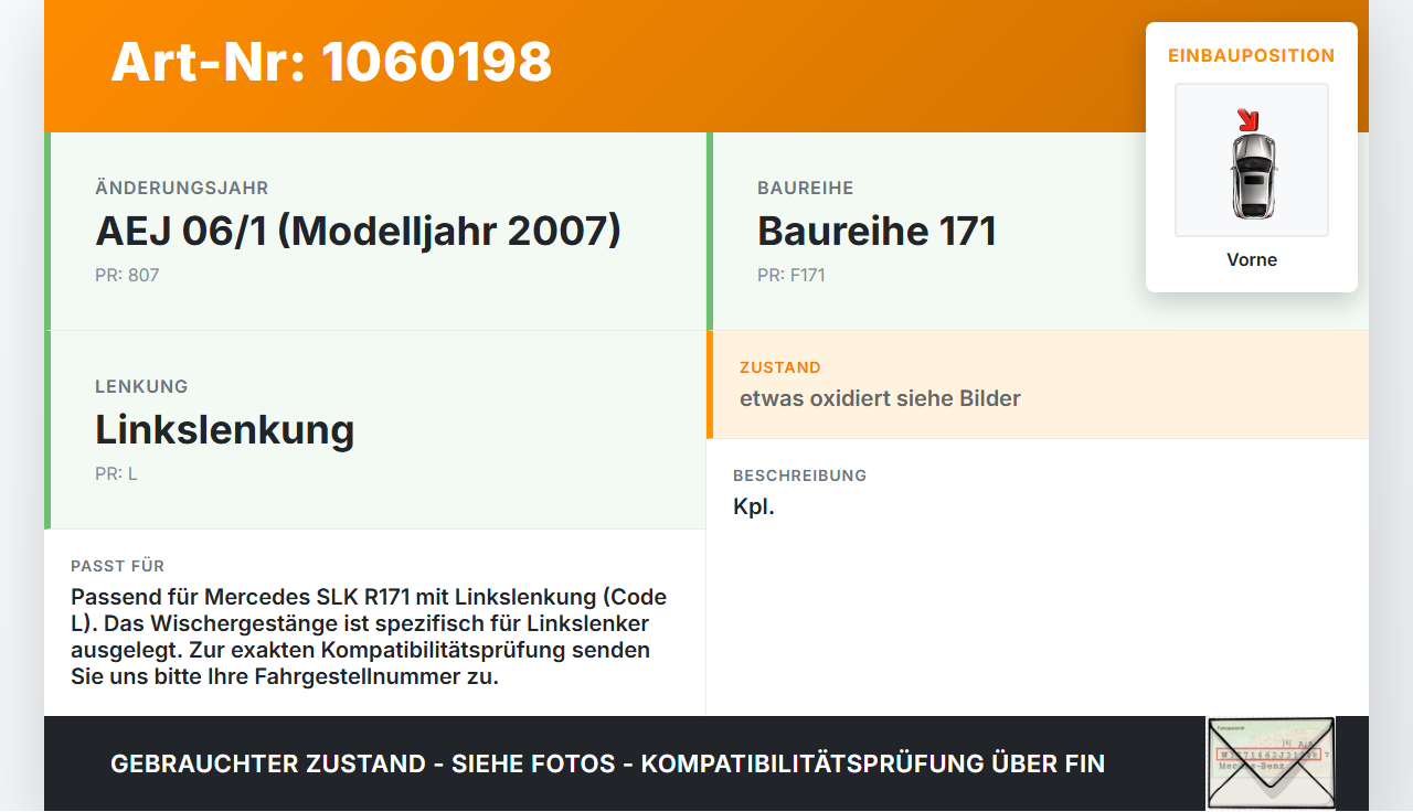 Mercedes SLK R171 04-08 Wischermotor m. Wischergestänge Vorne Mercedes SLK R171 04-08 23.11.2006 A1718200142... Vorschau 3