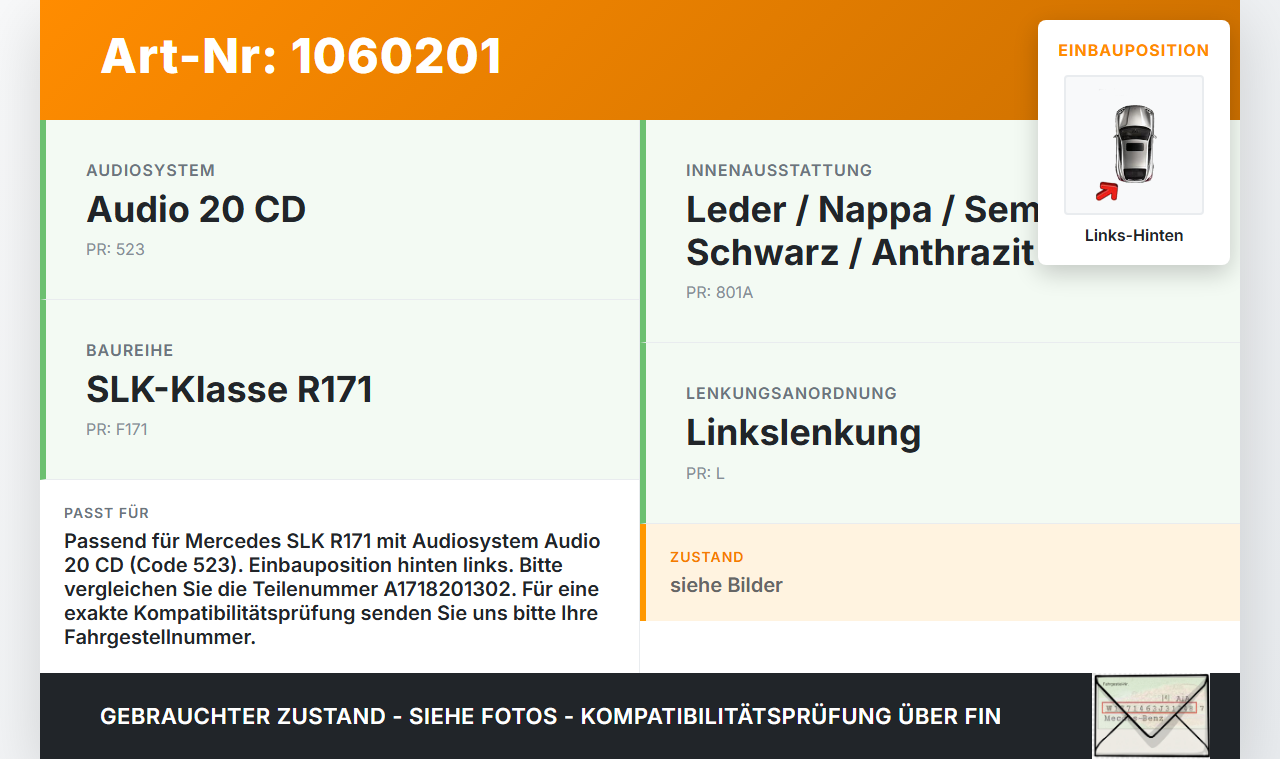 Mercedes SLK R171 04-08 Lautsprecher Links Hinten Mercedes SLK R171 04-08 23.11.2006 A1718201302 gebraucht Vorschau 3