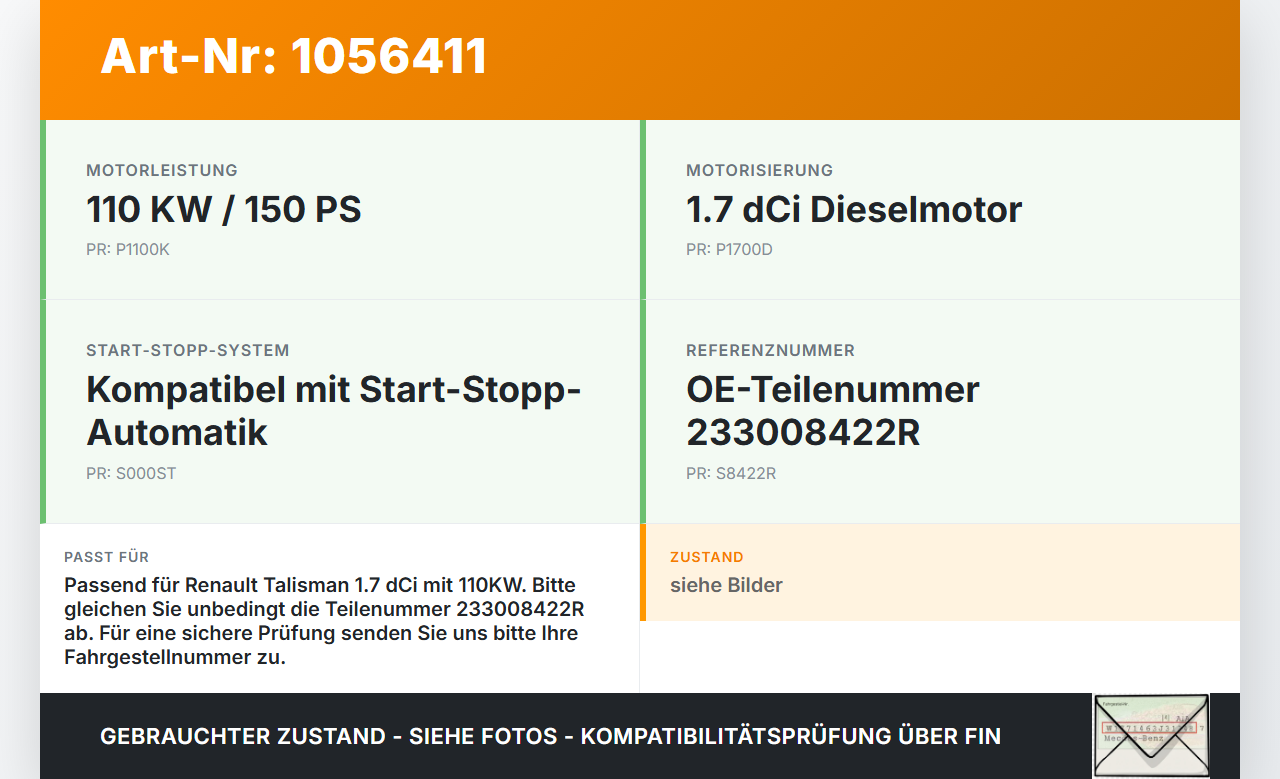 Renault Talisman 15-22 dCi 150 1,7 110KW Anlasser Starter Renault Talisman 15-22 12.02.2019 233008422R M001TF0671ZE... Vorschau 3