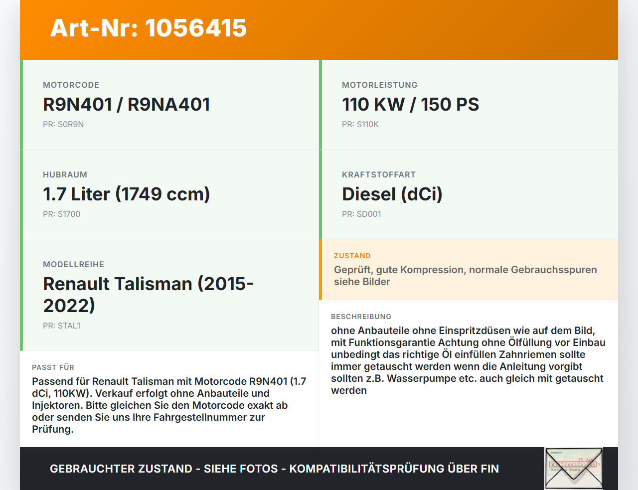 Renault Talisman 15-22 dCi 150 1,7 110KW R9N401 Motor Triebwerk R9NA401 Renault Talisman 15-22 12.02.2019... Vorschau 3