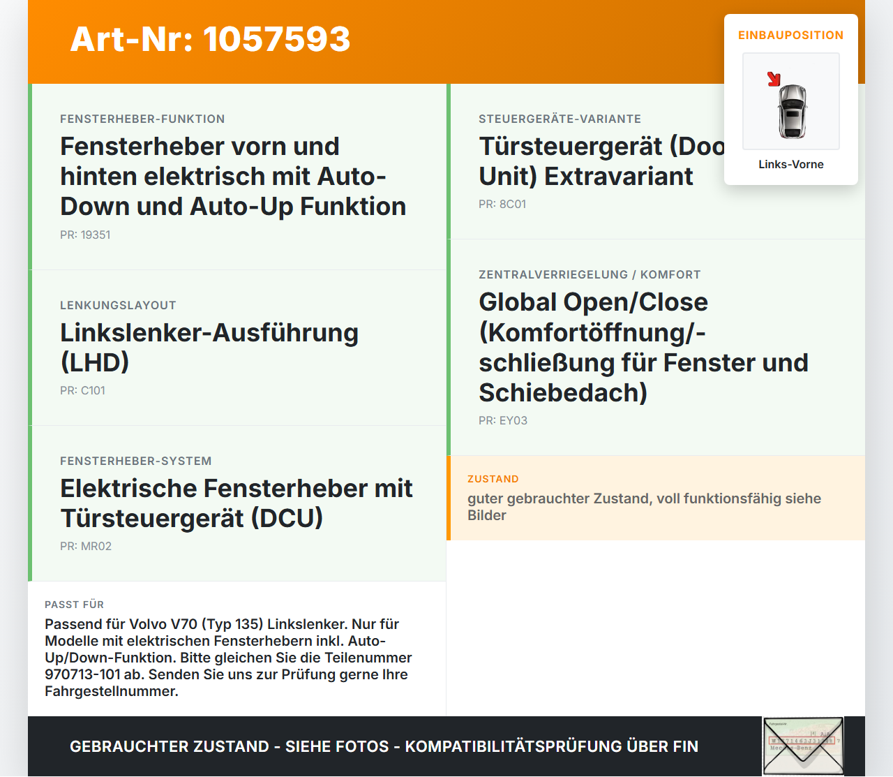 Volvo V70 135 07-13 Kombi Fensterhebermotor Links Vorne Volvo V70 135 07-13 17.06.2010 970713-101 WR12-291 gebraucht Vorschau 3