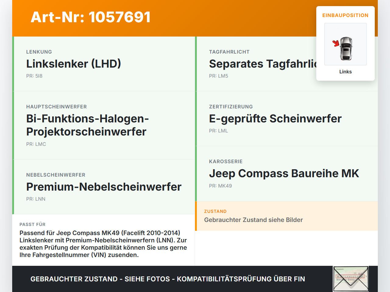 Jeep Compass MK49 10-14 Nebelscheinwerfer Links orig. Jeep Compass MK49 10-14 31.01.2014 gebraucht Vorschau 3