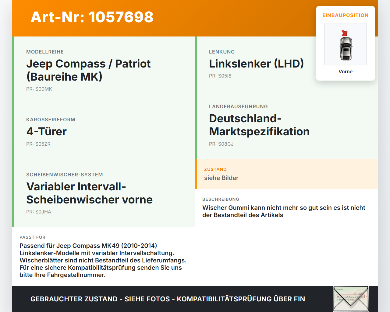 Jeep Compass MK49 10-14 2x Scheibenwischer Wischarm Vorne Jeep Compass MK49 10-14 31.01.2014 gebraucht Vorschau 3