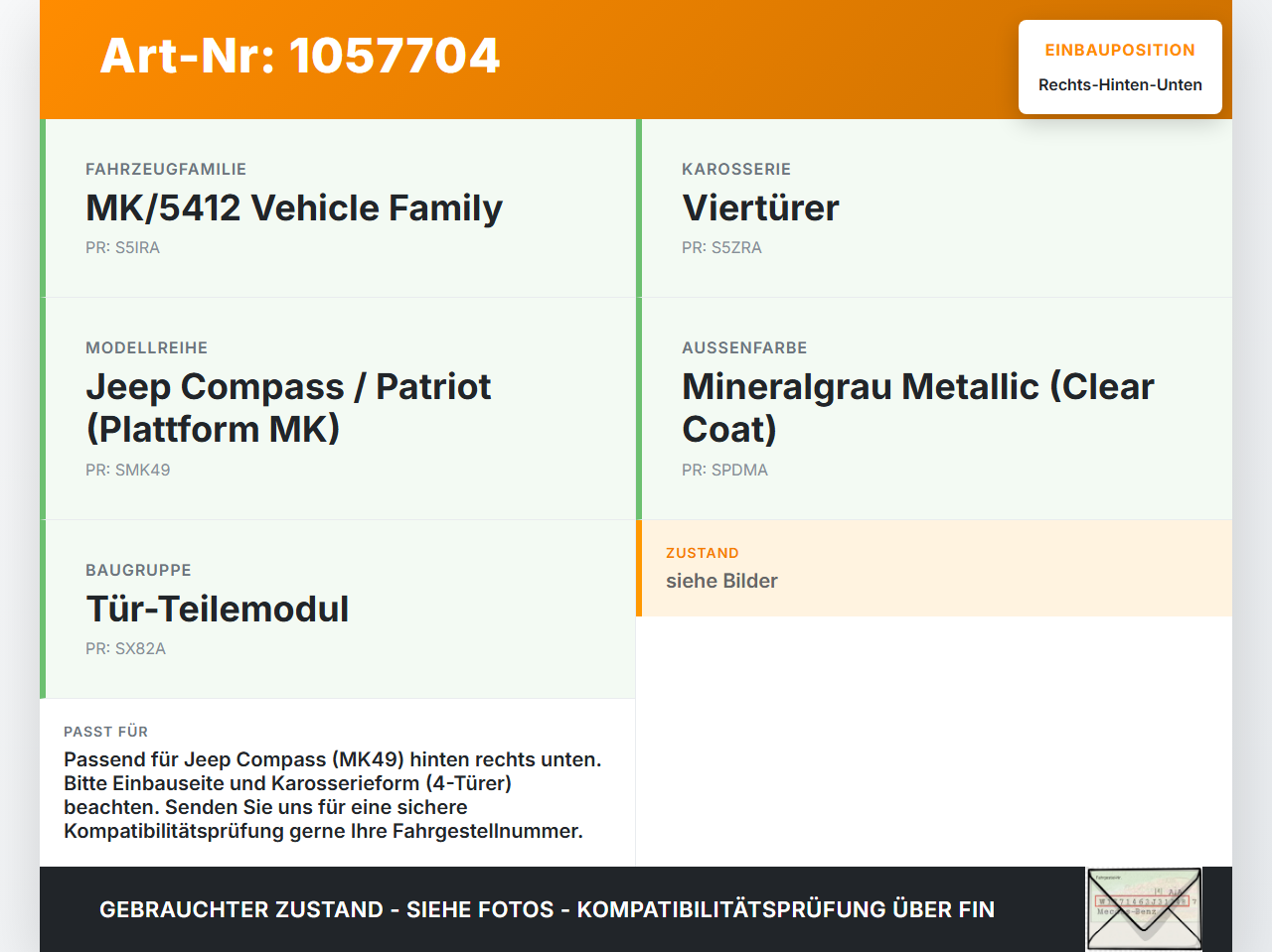 Jeep Compass MK49 10-14 Türscharnier Tür Scharnier Rechts Hinten Unten Jeep Compass MK49 10-14 31.01.2014 gebraucht Vorschau 3