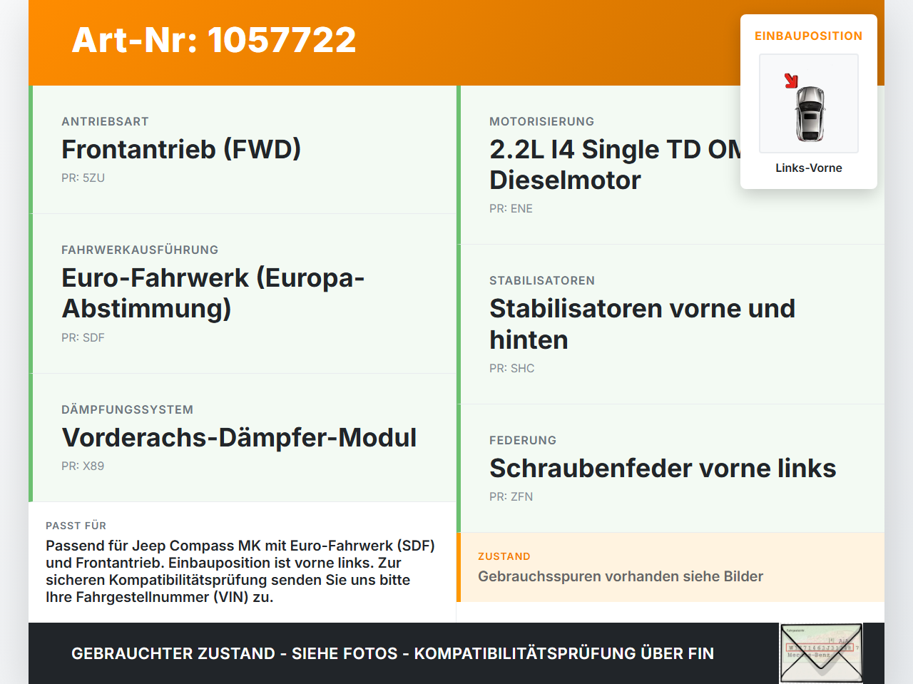 Jeep Compass MK49 10-14 Federbein Stossdämpfer Vorne Links Jeep Compass MK49 10-14 31.01.2014 05105973AD gebraucht Vorschau 3