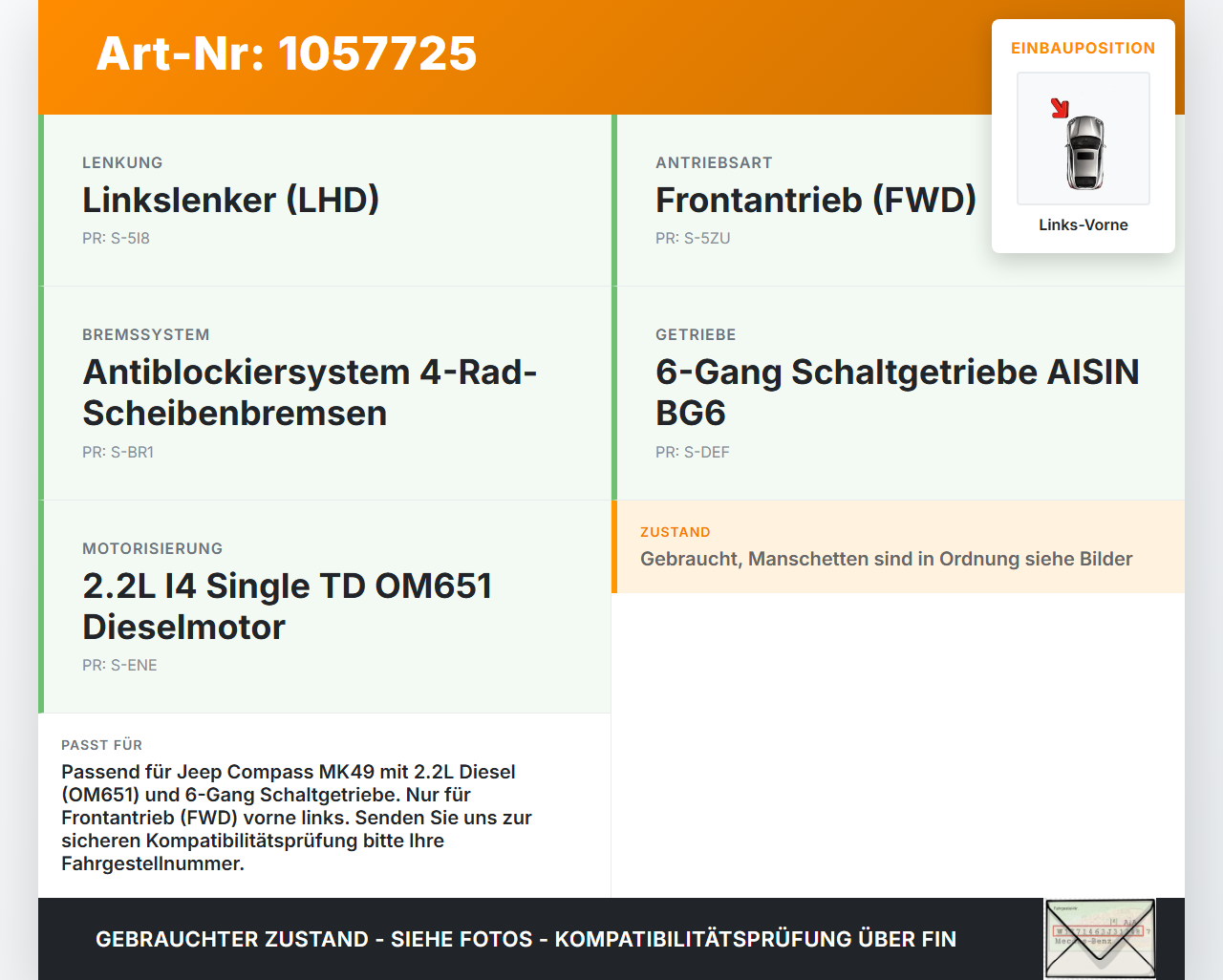 Jeep Compass MK49 10-14 2,1 120KW Antriebswelle Gelenkwelle Links Vorne Jeep Compass MK49 10-14 31.01.2014... Vorschau 3
